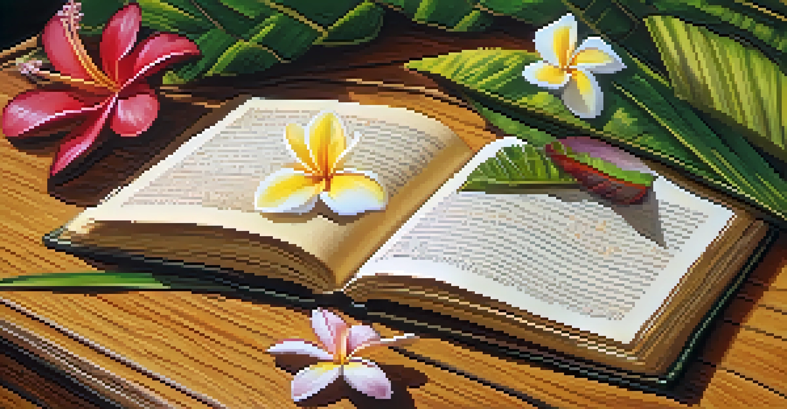 An open book displaying Hawaiian language illustrations, placed on a wooden table with a plumeria flower and feather lei, illuminated by natural light.