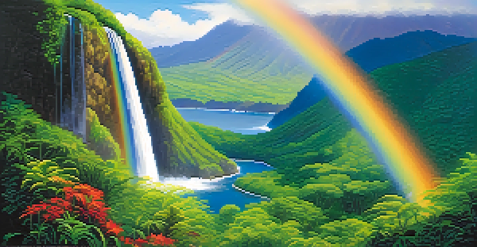 A picturesque Hawaiian valley with a waterfall, lush greenery, and a rainbow in the sky.