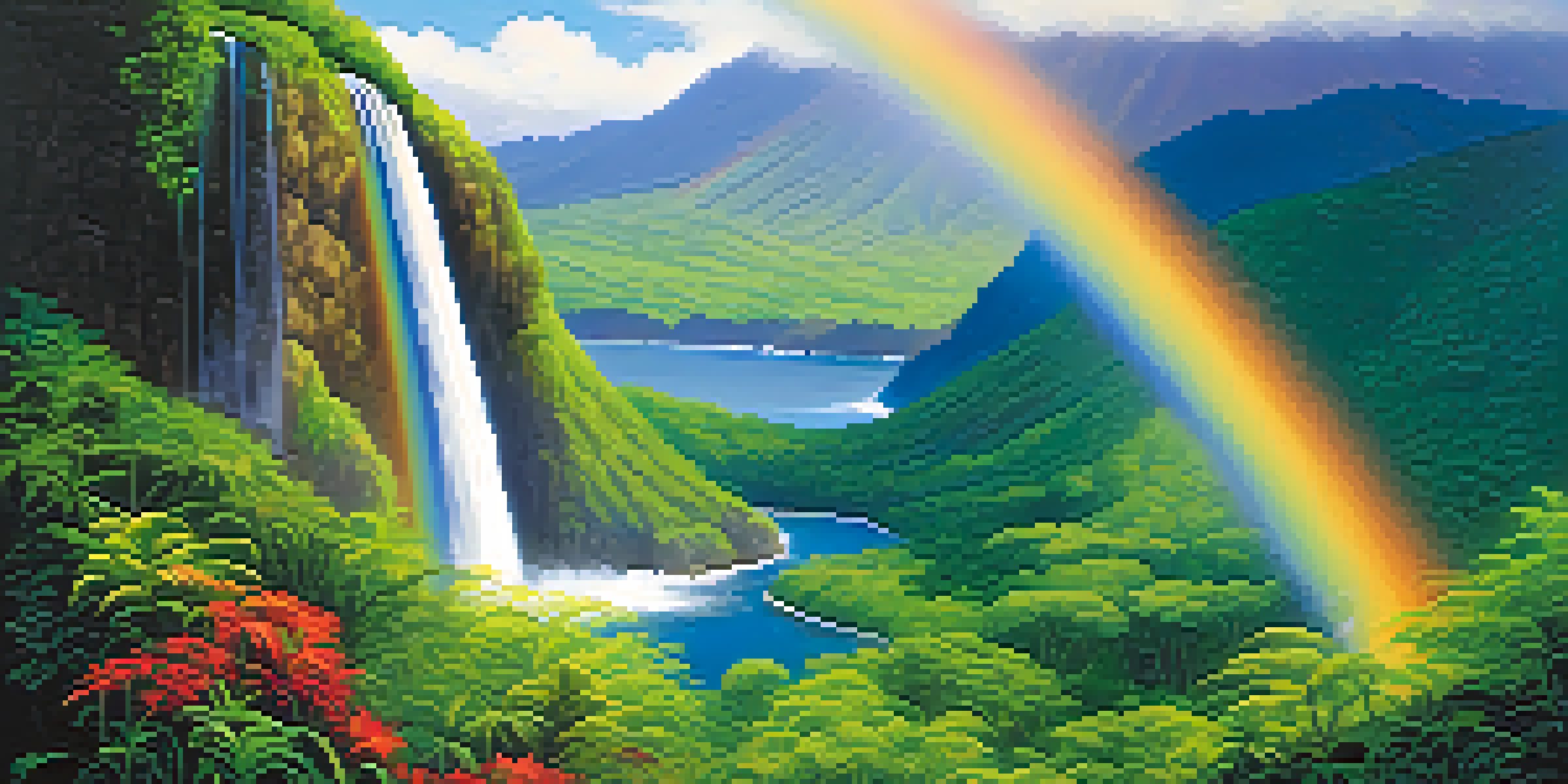 A picturesque Hawaiian valley with a waterfall, lush greenery, and a rainbow in the sky.