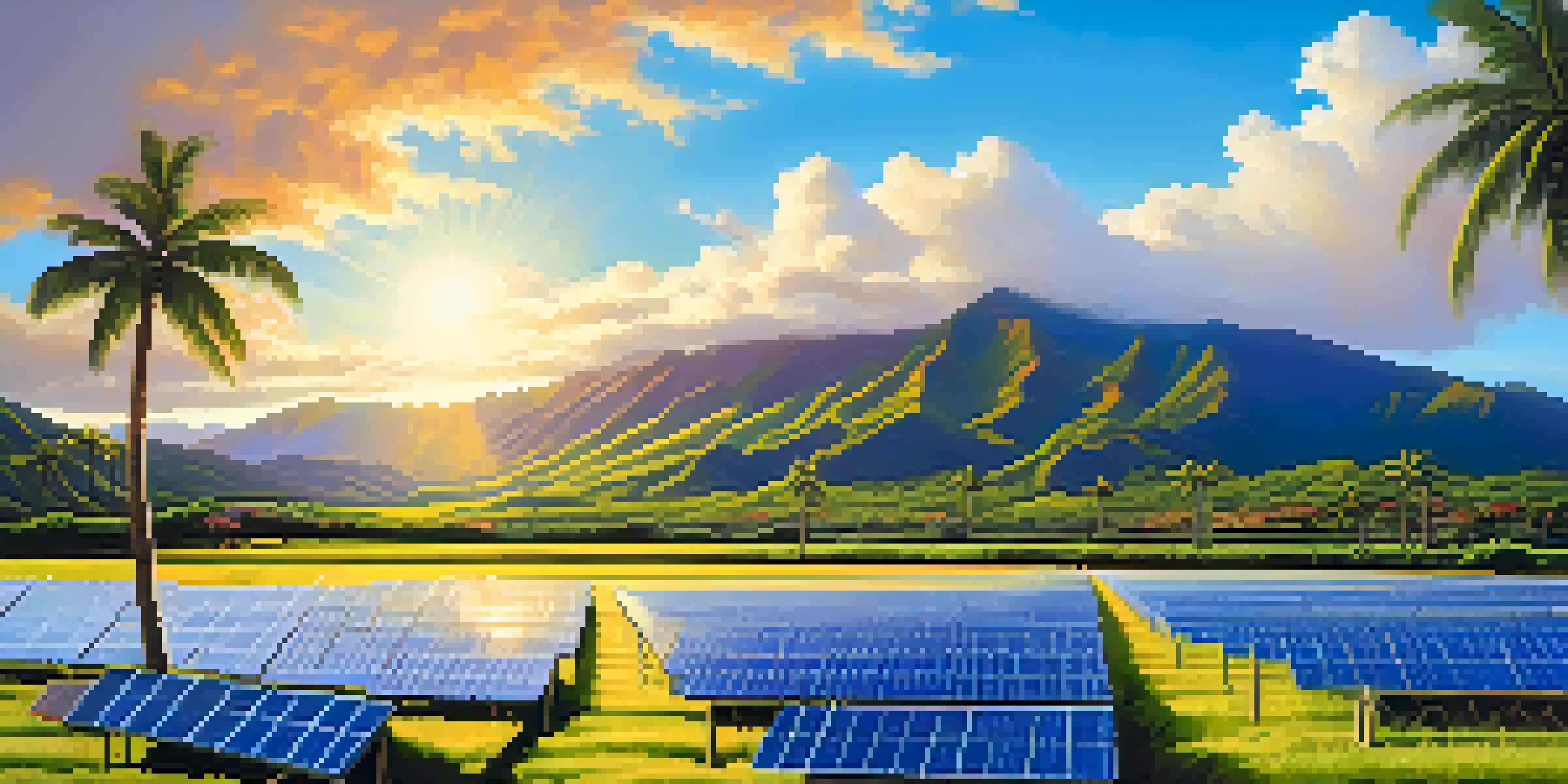 A scenic view of a solar farm in Hawaii with solar panels, mountains, and tropical flowers.