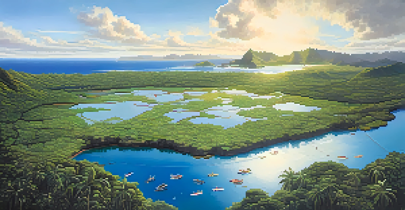 Aerial view of a Hawaiian fishpond surrounded by greenery, with clear water reflecting the sky, and small boats indicating sustainable fishing practices.