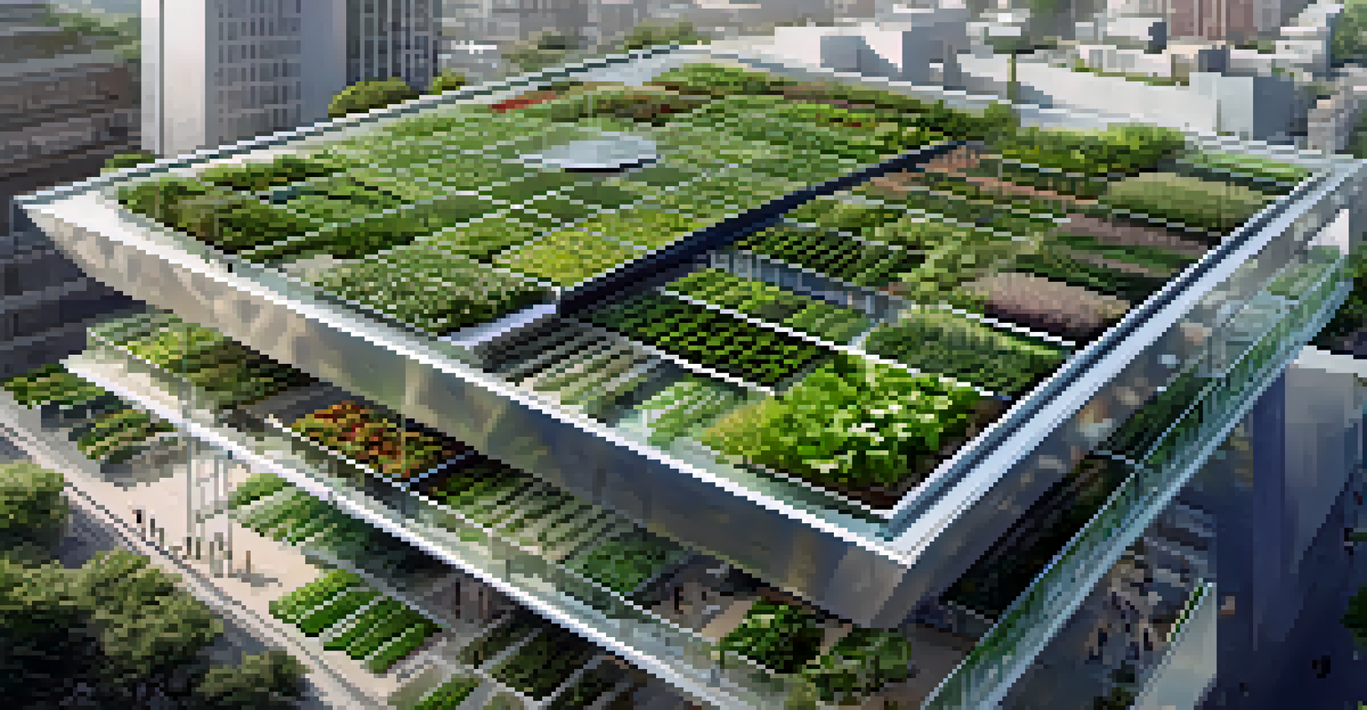 An aerial view of a vertical farm with layered crops set against an urban backdrop, featuring glass panels and solar panels.