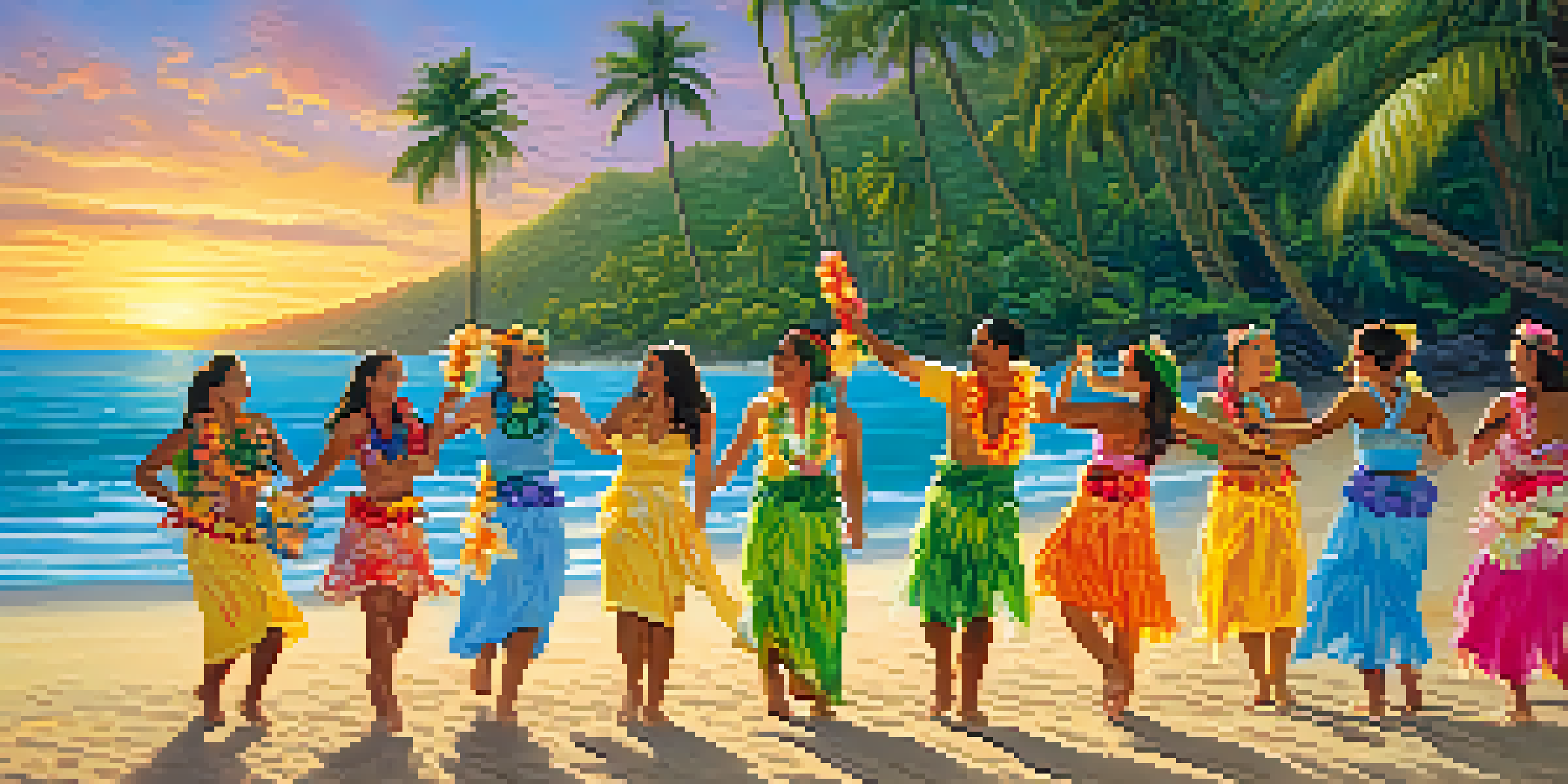 A group of friends in colorful Hawaiian attire enjoying a luau on the beach with palm trees and a sunset in the background.
