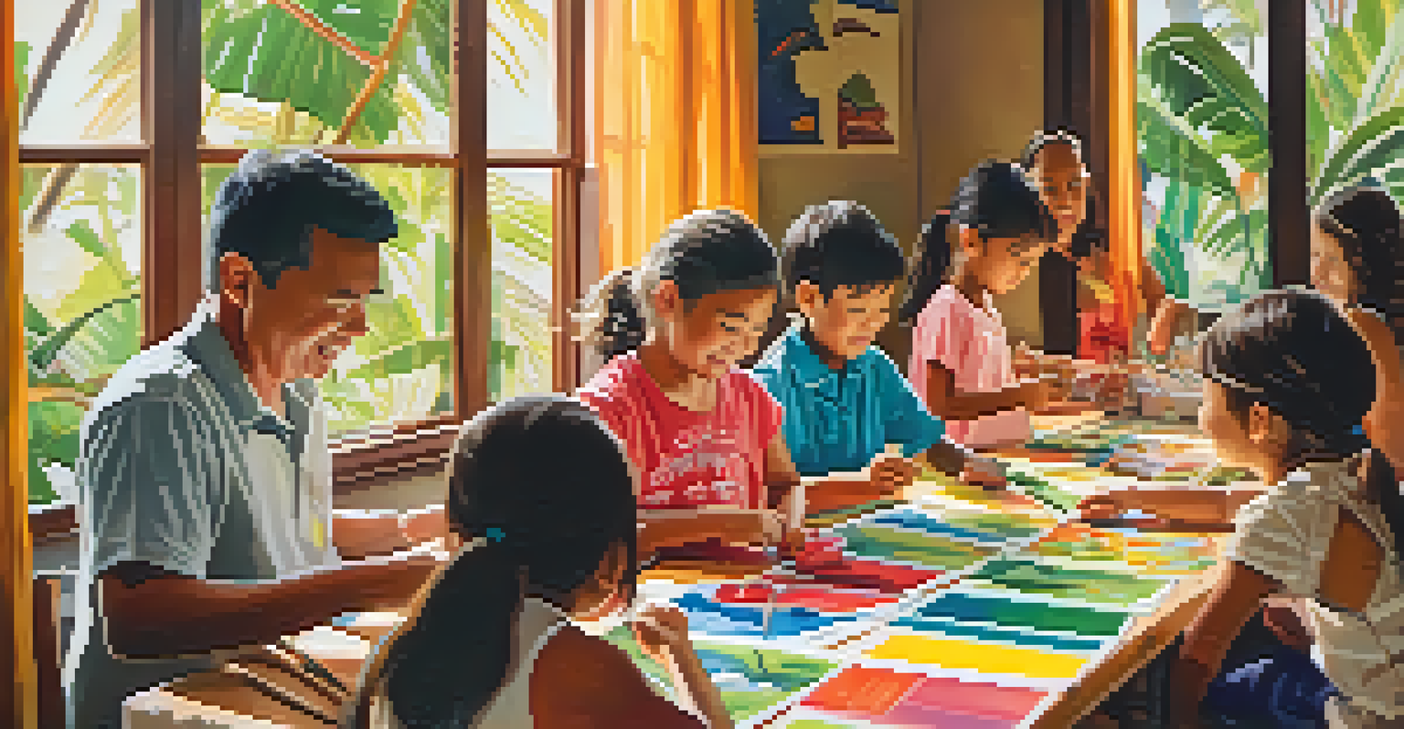 A family participating in a hands-on craft workshop at Bishop Museum with children creating traditional Hawaiian crafts.