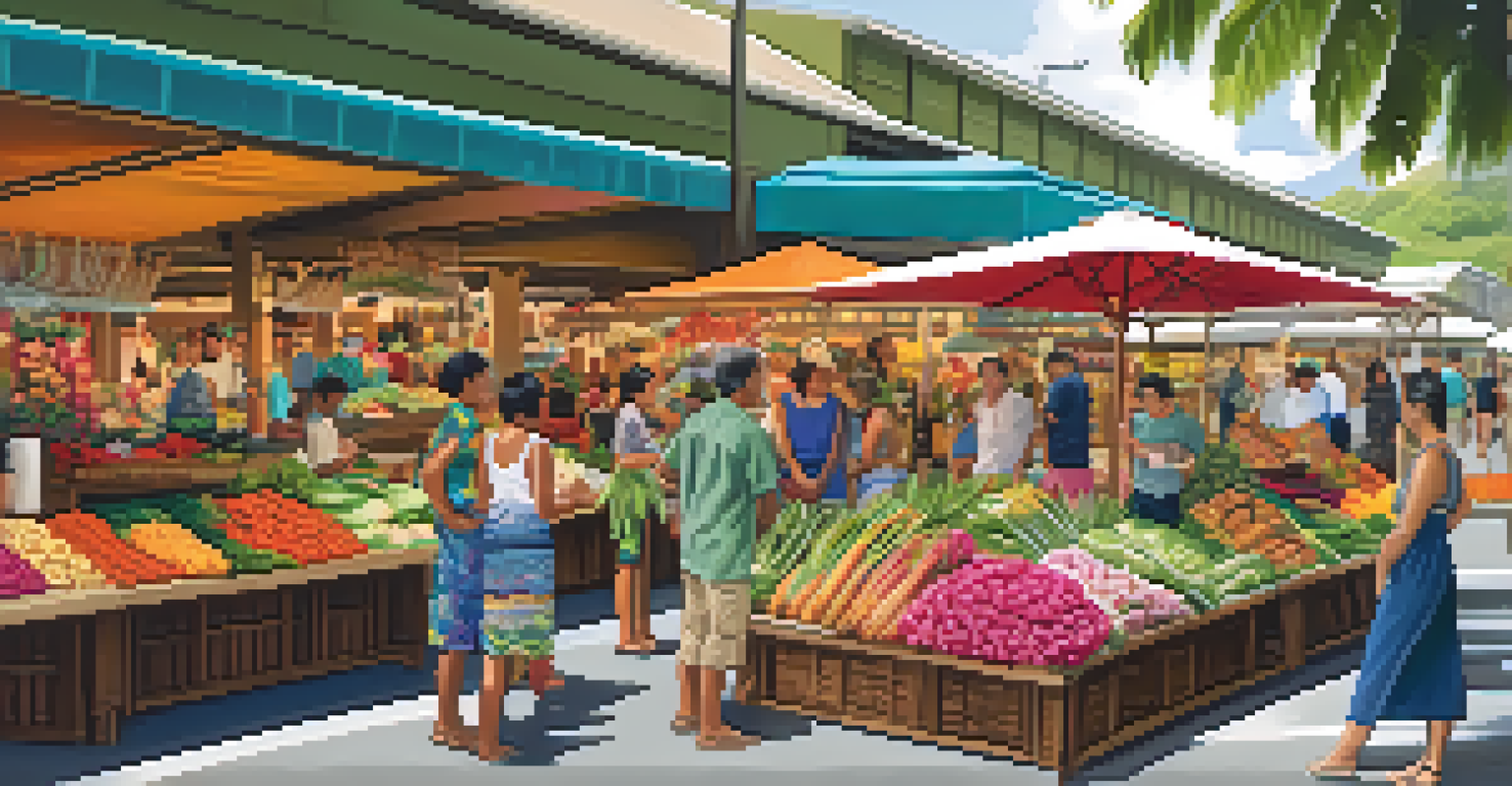 A lively Hawaiian market featuring local crafts and fresh produce.