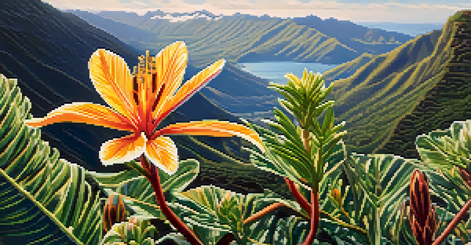Close-up of a native Hawaiian plant species at high elevation, highlighting intricate textures and colors against a mountain backdrop.