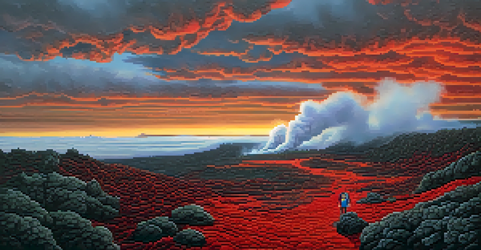A hiker in a volcanic landscape with steam vents and lava formations against a colorful sunset sky.