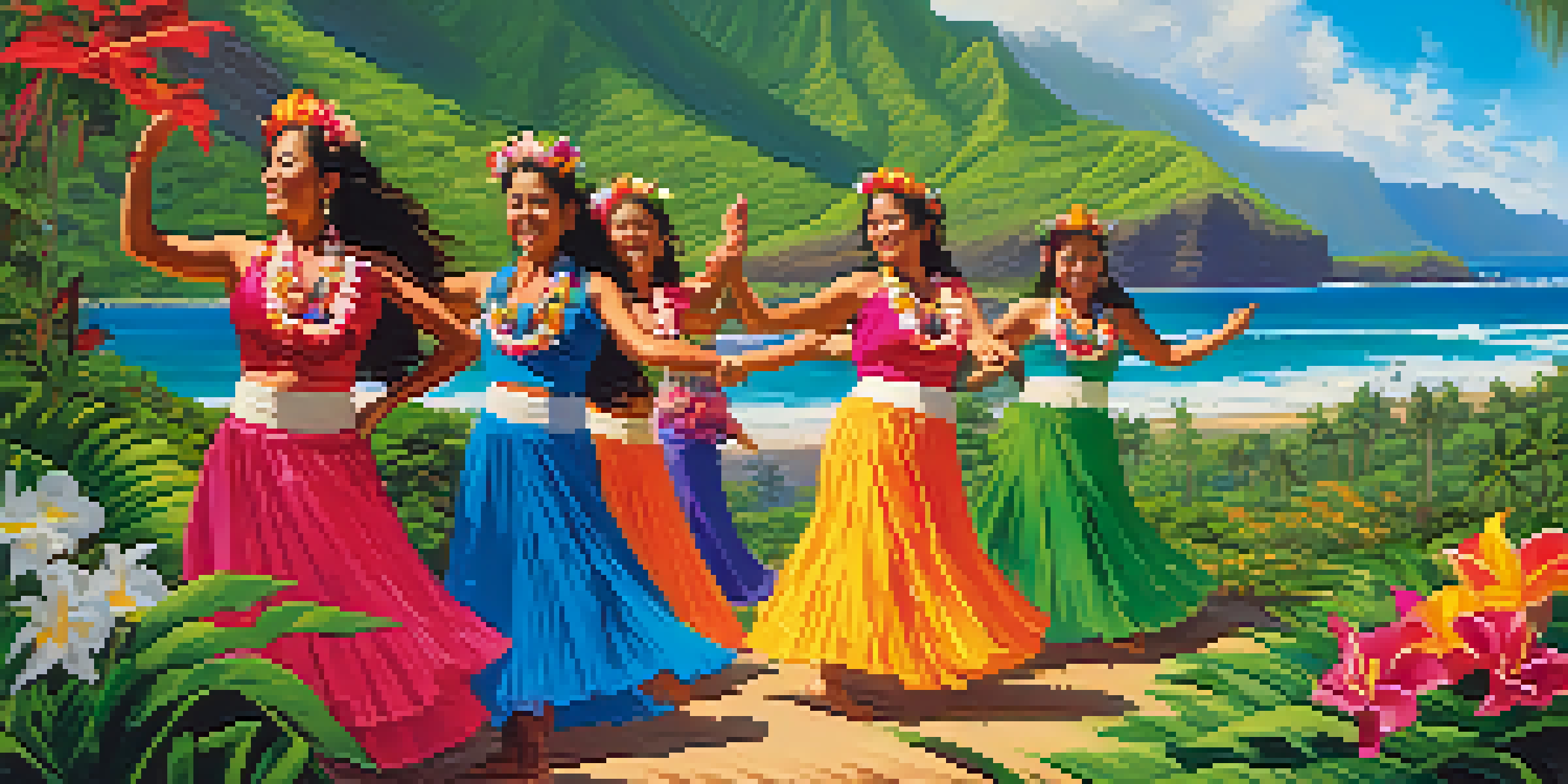 A scenic view of Hawaiian mountains with hula dancers in colorful clothing performing in front of a tropical landscape.