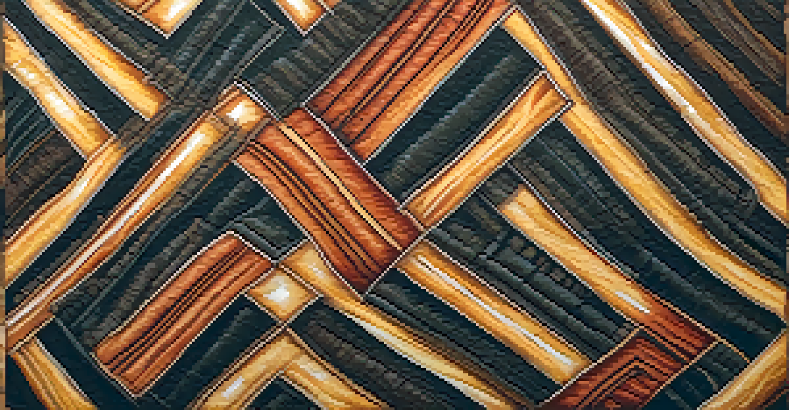 A close-up view of traditional Hawaiian kapa cloth displaying intricate patterns against a wooden background.