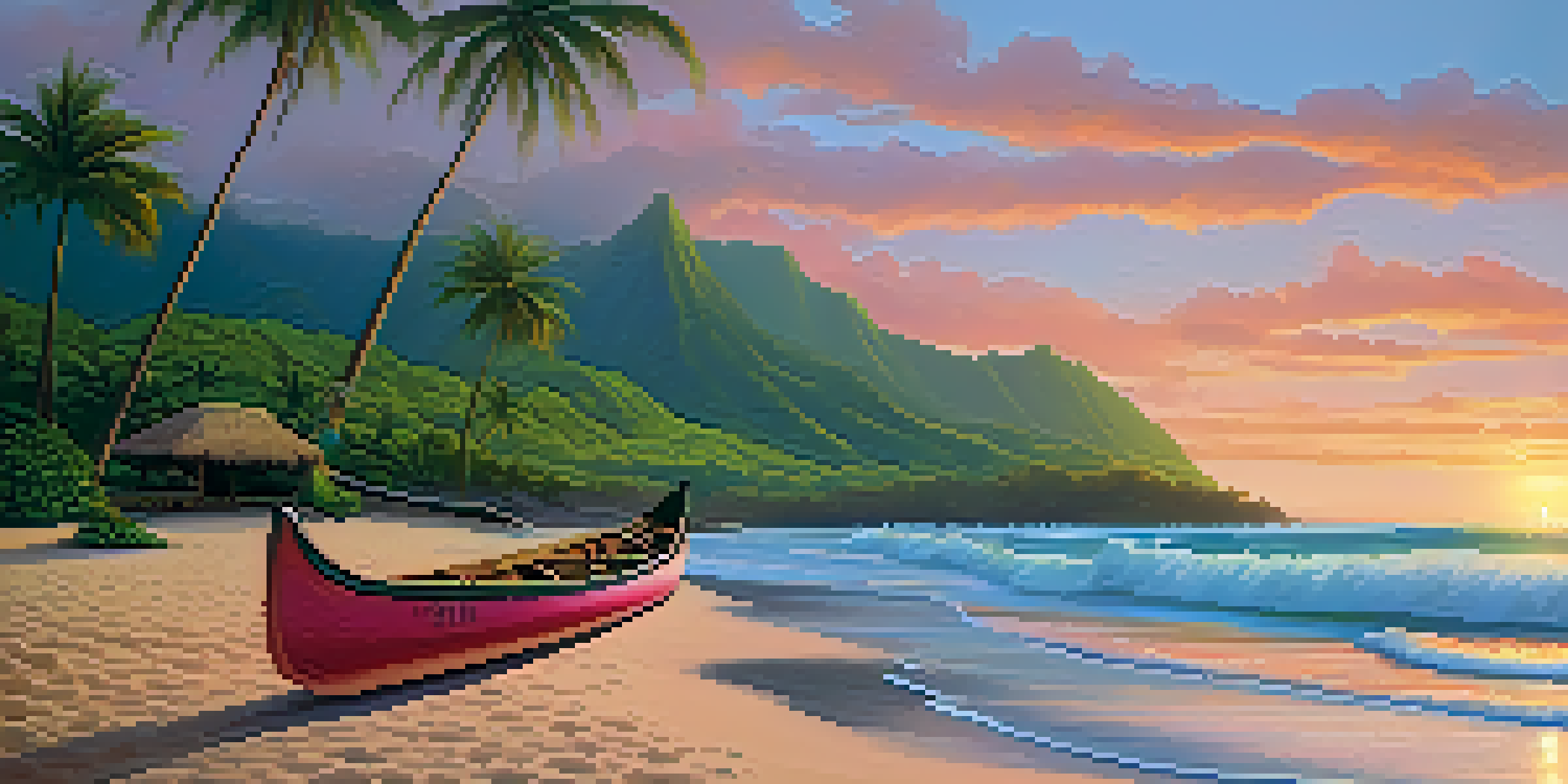 A picturesque Hawaiian landscape with green mountains, a colorful sunset, a peaceful beach, and a traditional canoe on the sand.
