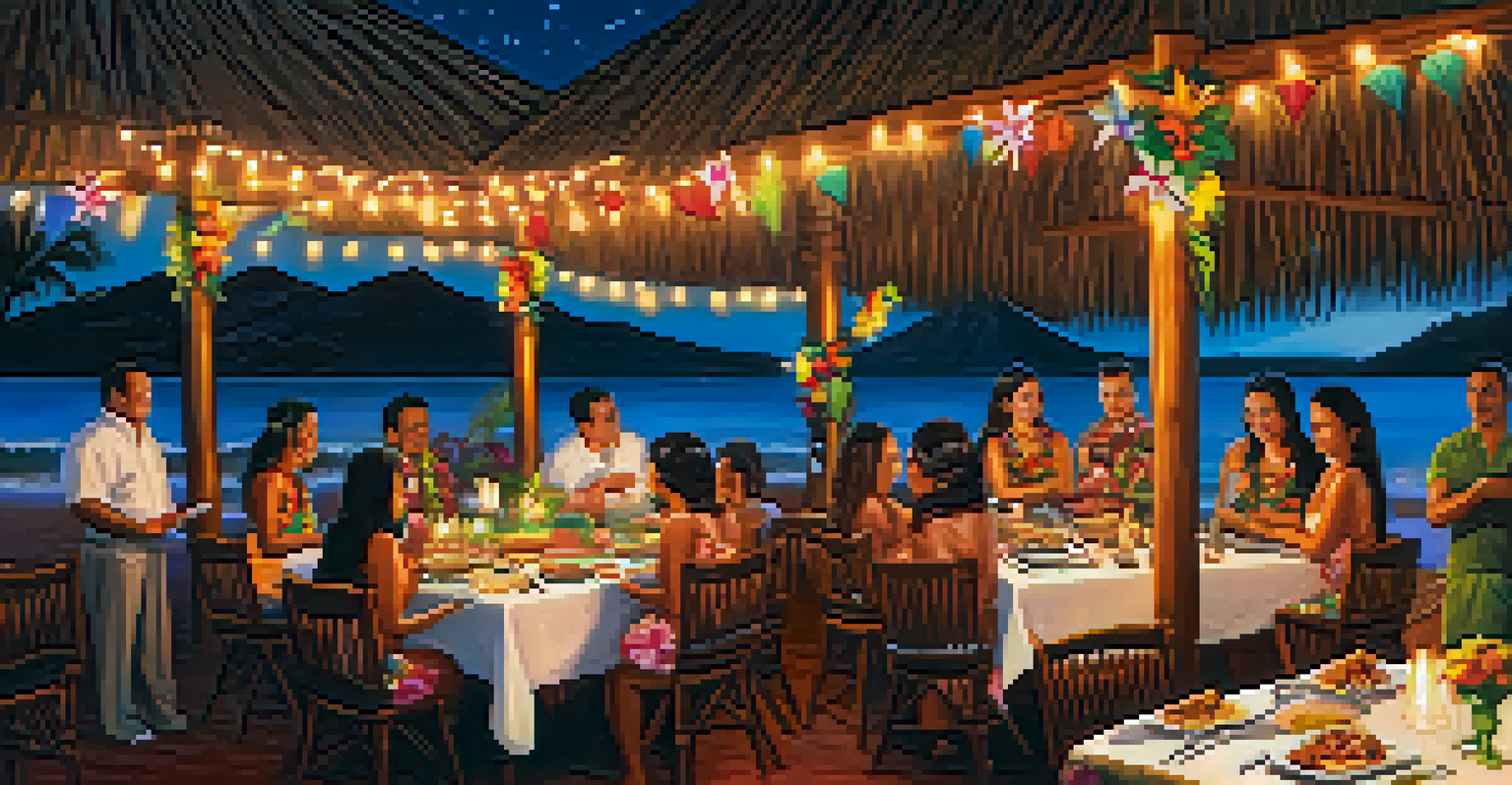 A Hawaiian luau scene featuring decorations, guests enjoying hula dancing, and a buffet of local cuisine under fairy lights.
