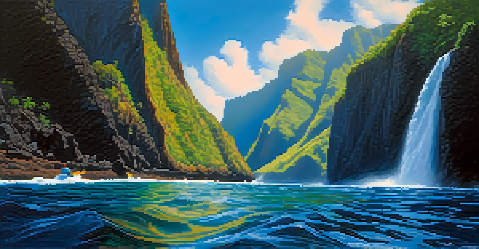 A stunning view of the Na Pali Coast from a kayak, featuring high cliffs, waterfalls, and a vibrant blue sky with clouds, capturing the beauty of the Hawaiian landscape.