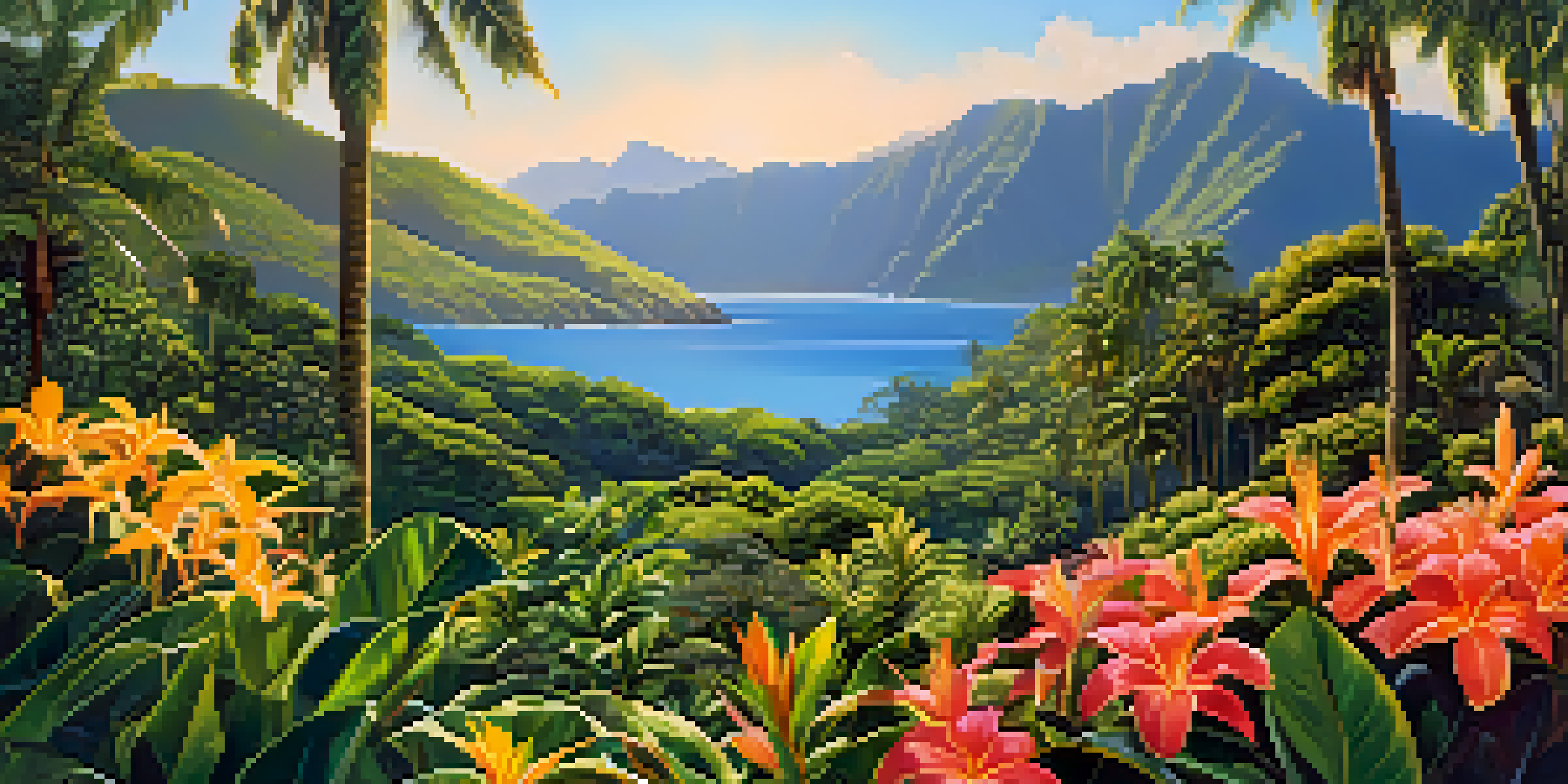 A peaceful Hawaiian landscape featuring native plants, green mountains, and a clear blue sky under warm sunlight.