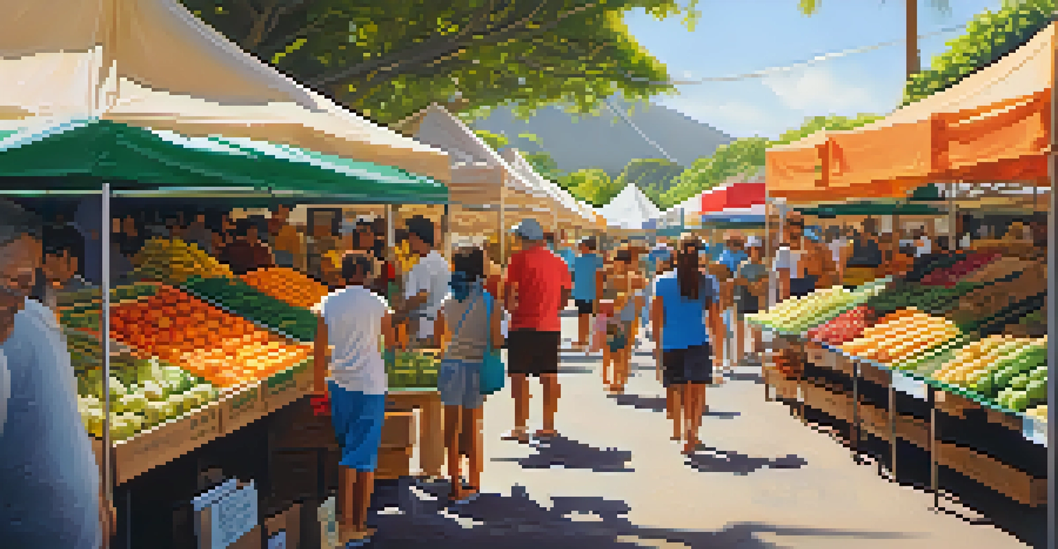 A lively farmers' market in Hawaii with colorful stalls and people enjoying local produce.