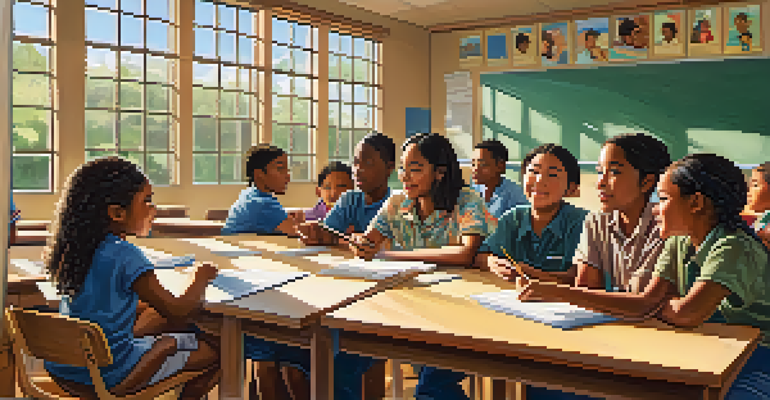 A classroom in Hawaii with a diverse group of students learning about civil rights, illuminated by sunlight.