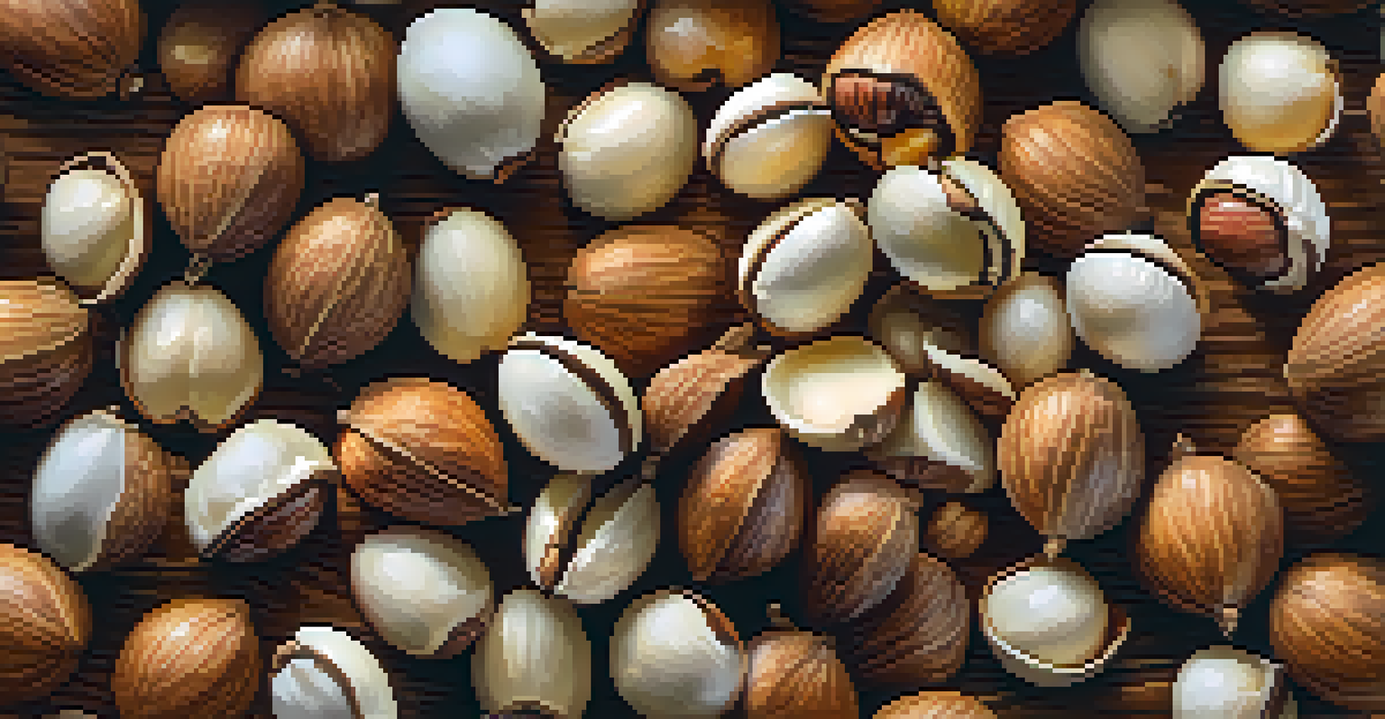 Close-up of macadamia nuts showing their textured shells and creamy insides on a wooden surface.