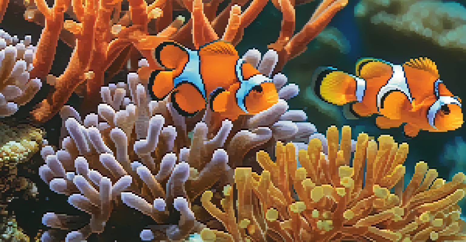A close-up of a colorful coral colony with a clownfish, displaying intricate textures and vibrant colors.