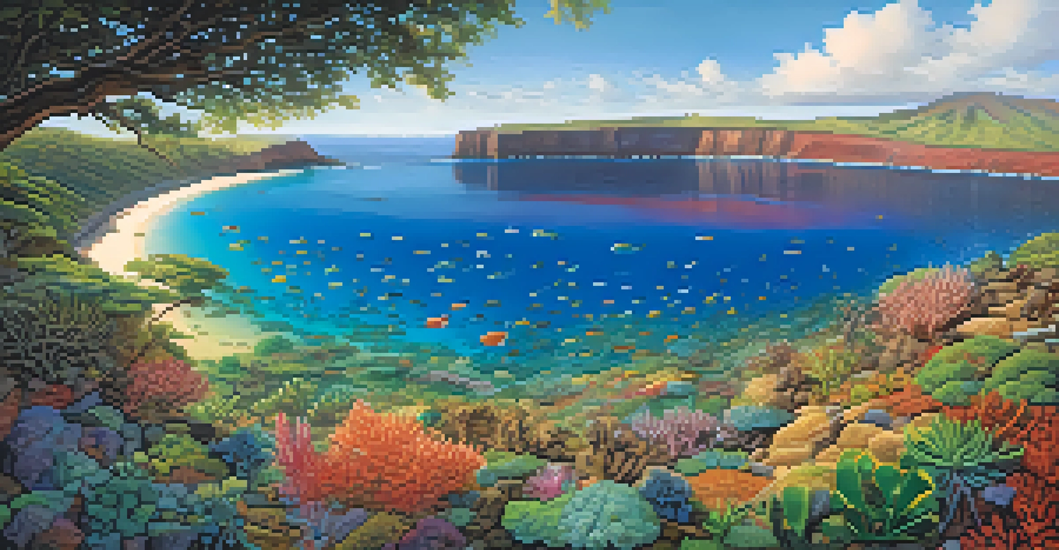 A view of Molokini Crater with clear waters and visible coral gardens, under warm sunlight.