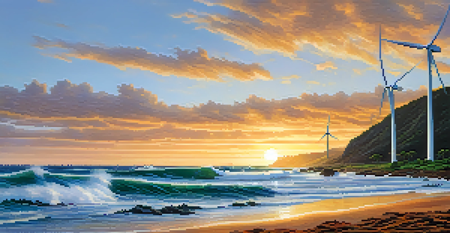 Wind turbines on the North Shore of Oahu against a sunset backdrop, with crashing waves in the foreground.