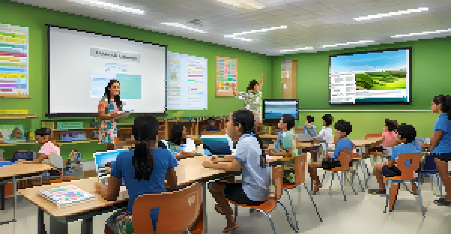 A teacher guiding students in a tech-equipped classroom focused on Hawaiian language learning, featuring modern educational tools.