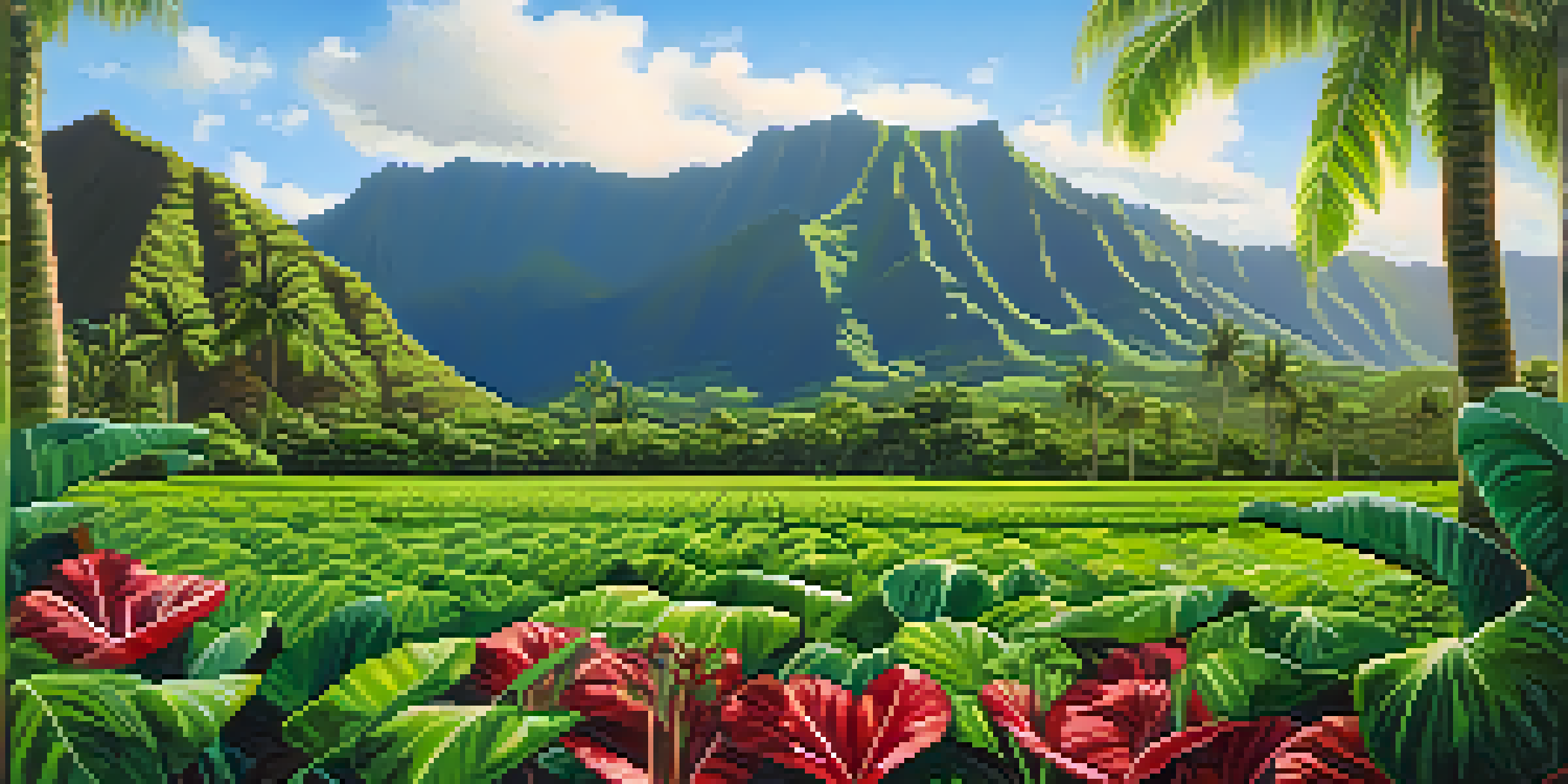 A lush green Hawaiian valley with mountains in the background and a traditional taro patch in the foreground, under a clear blue sky.