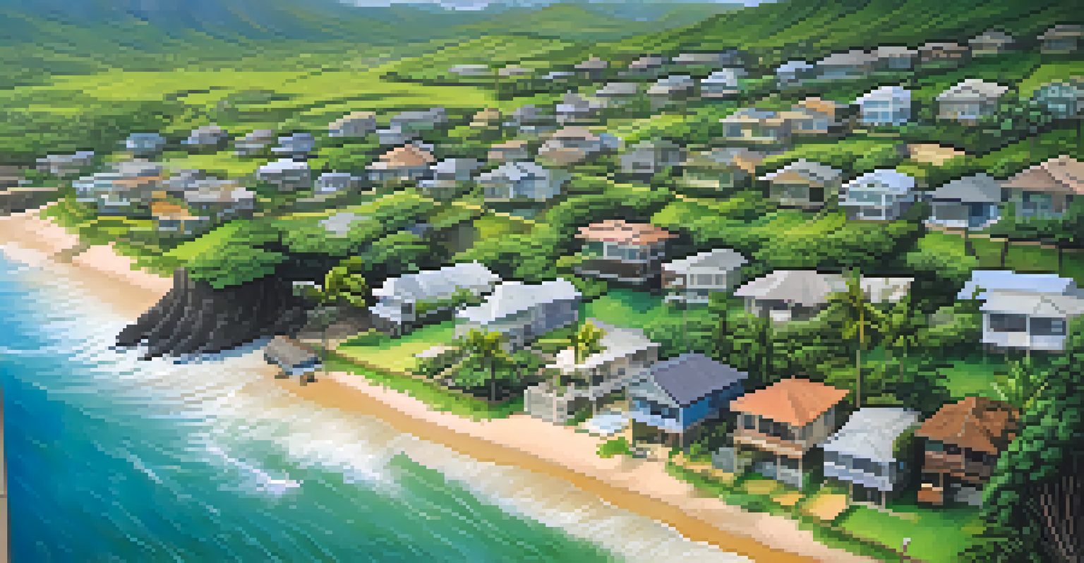 Aerial view of a coastal Hawaiian community affected by rising sea levels, showing houses near the shoreline and flooding.