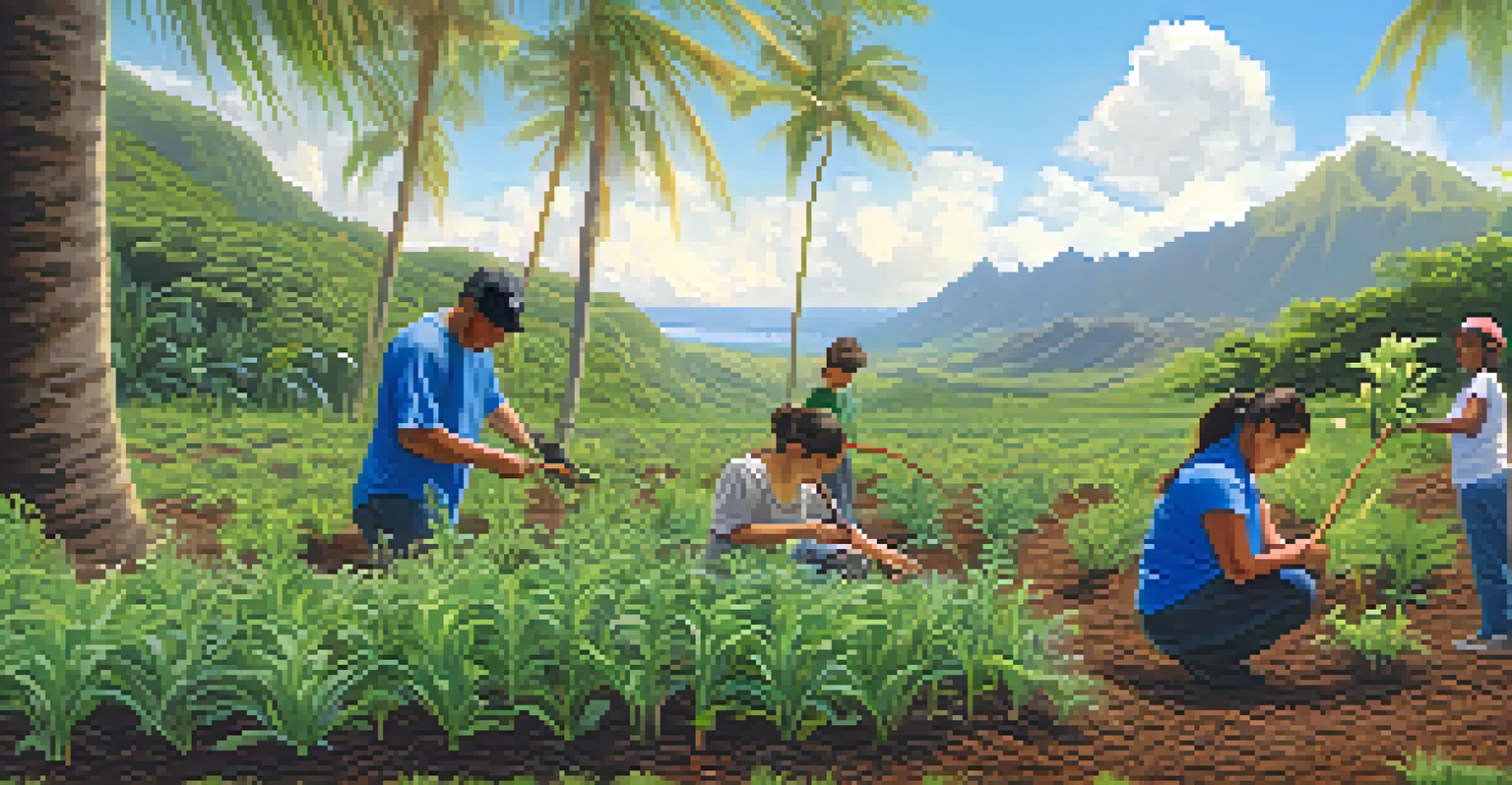 Community members engaged in a native plant restoration project in Hawaii, planting saplings in a lush green area with mountains in the background.