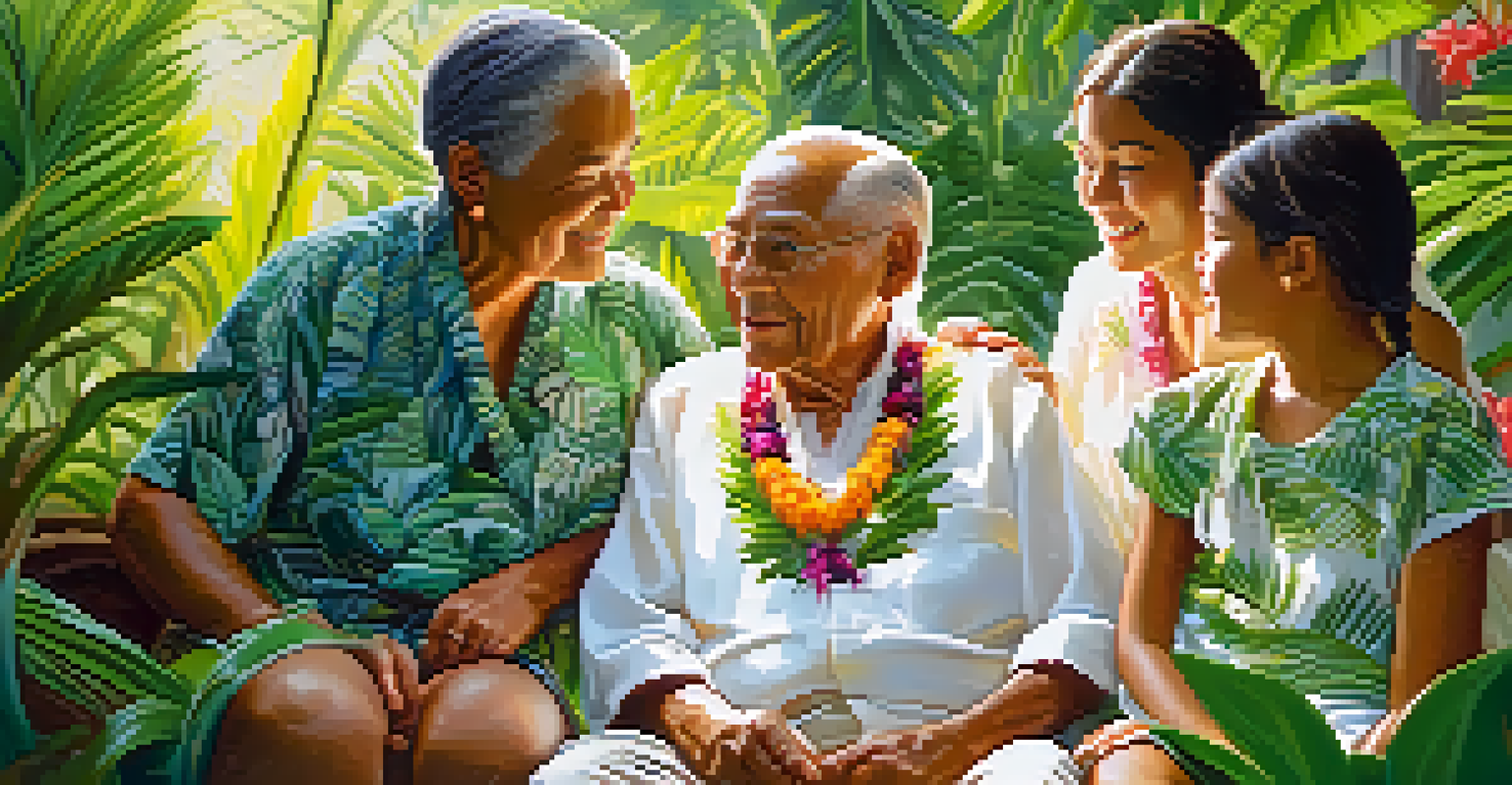 A Hawaiian elder sharing stories with younger family members in a lush garden, surrounded by tropical plants and sunlight.