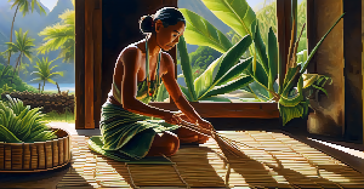 A Hawaiian artisan weaving lauhala mats in a sunlit room, showcasing traditional craftsmanship.