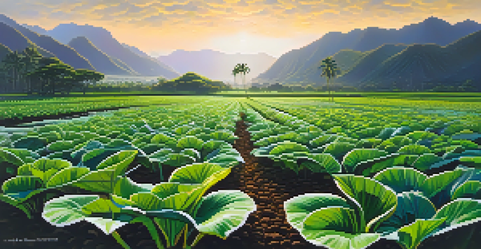 A scenic Hawaiian taro field at sunrise with lush green plants and misty mountains in the background.