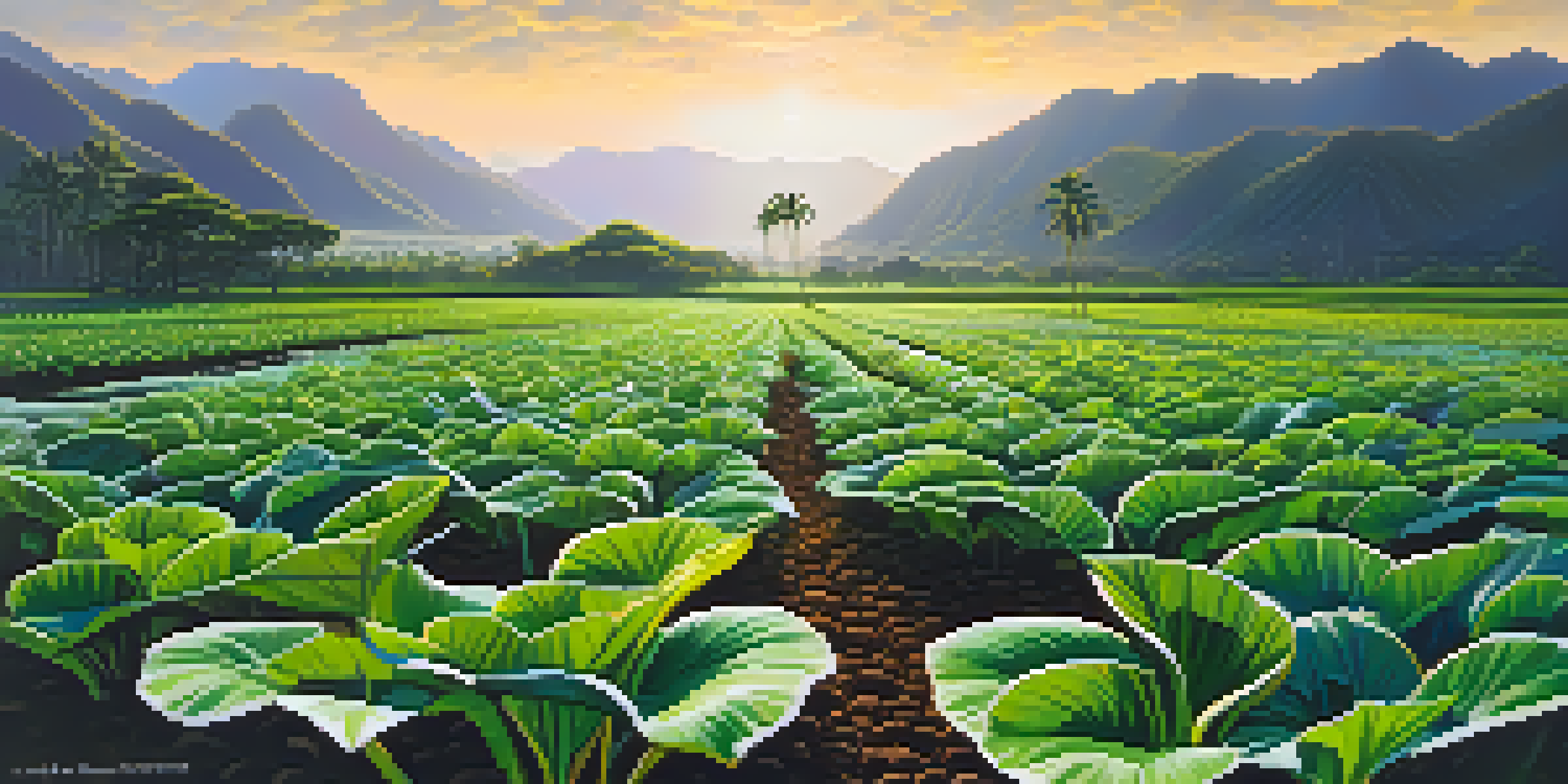 A scenic Hawaiian taro field at sunrise with lush green plants and misty mountains in the background.