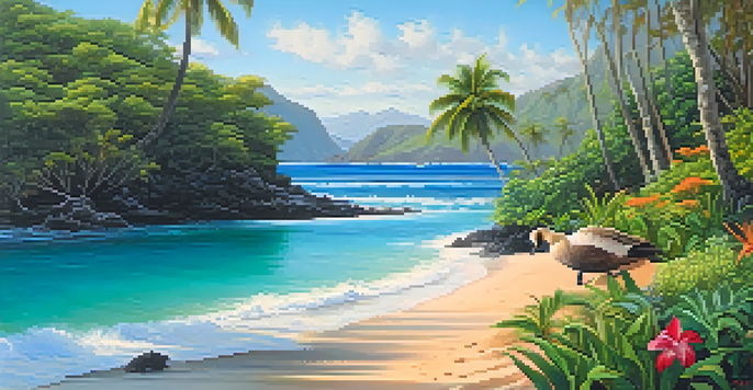 A Hawaiian landscape with lush native plants and a Hawaiian Goose walking among them, set against a pristine beach and turquoise waters under a clear blue sky.
