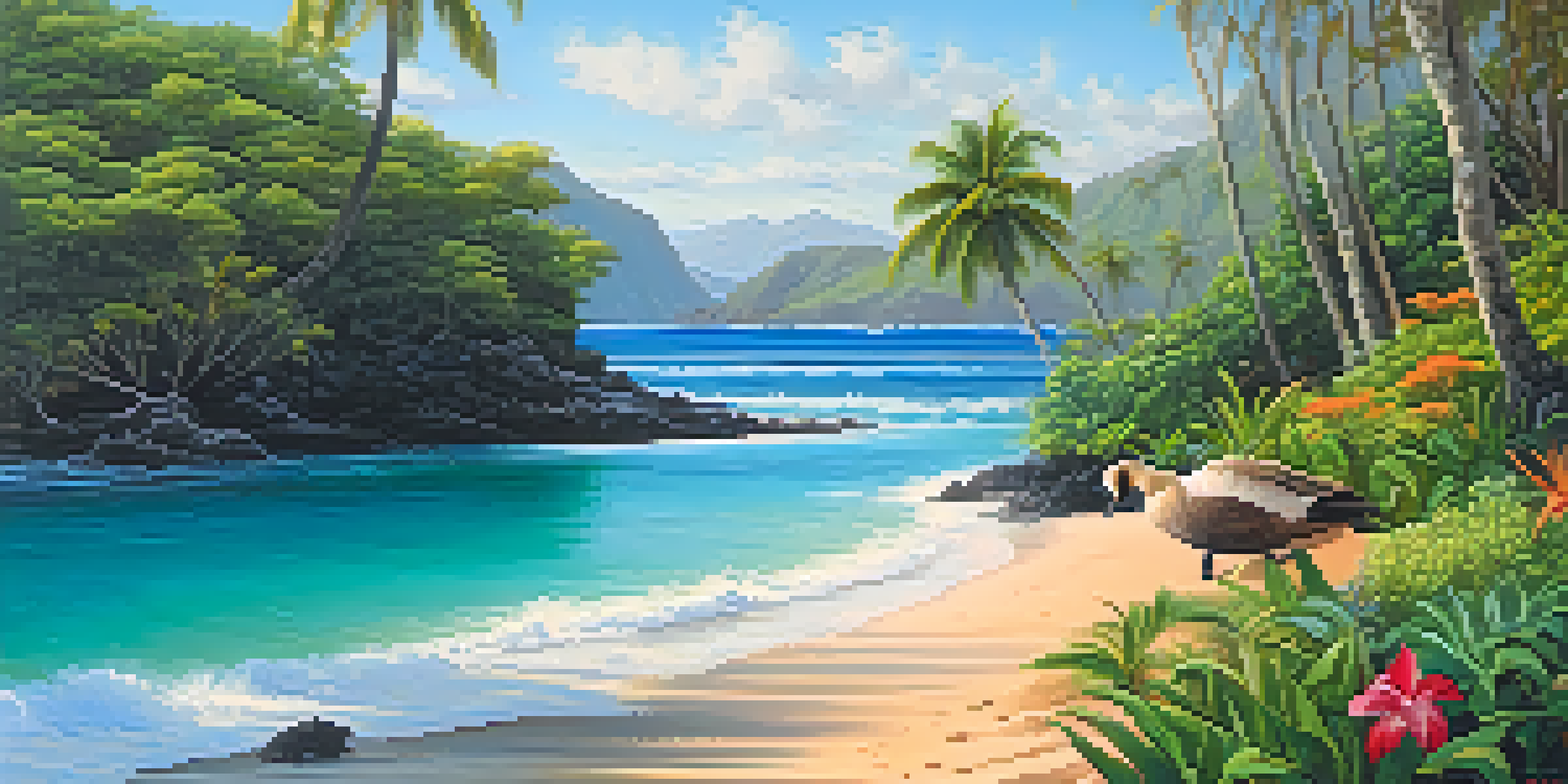 A Hawaiian landscape with lush native plants and a Hawaiian Goose walking among them, set against a pristine beach and turquoise waters under a clear blue sky.