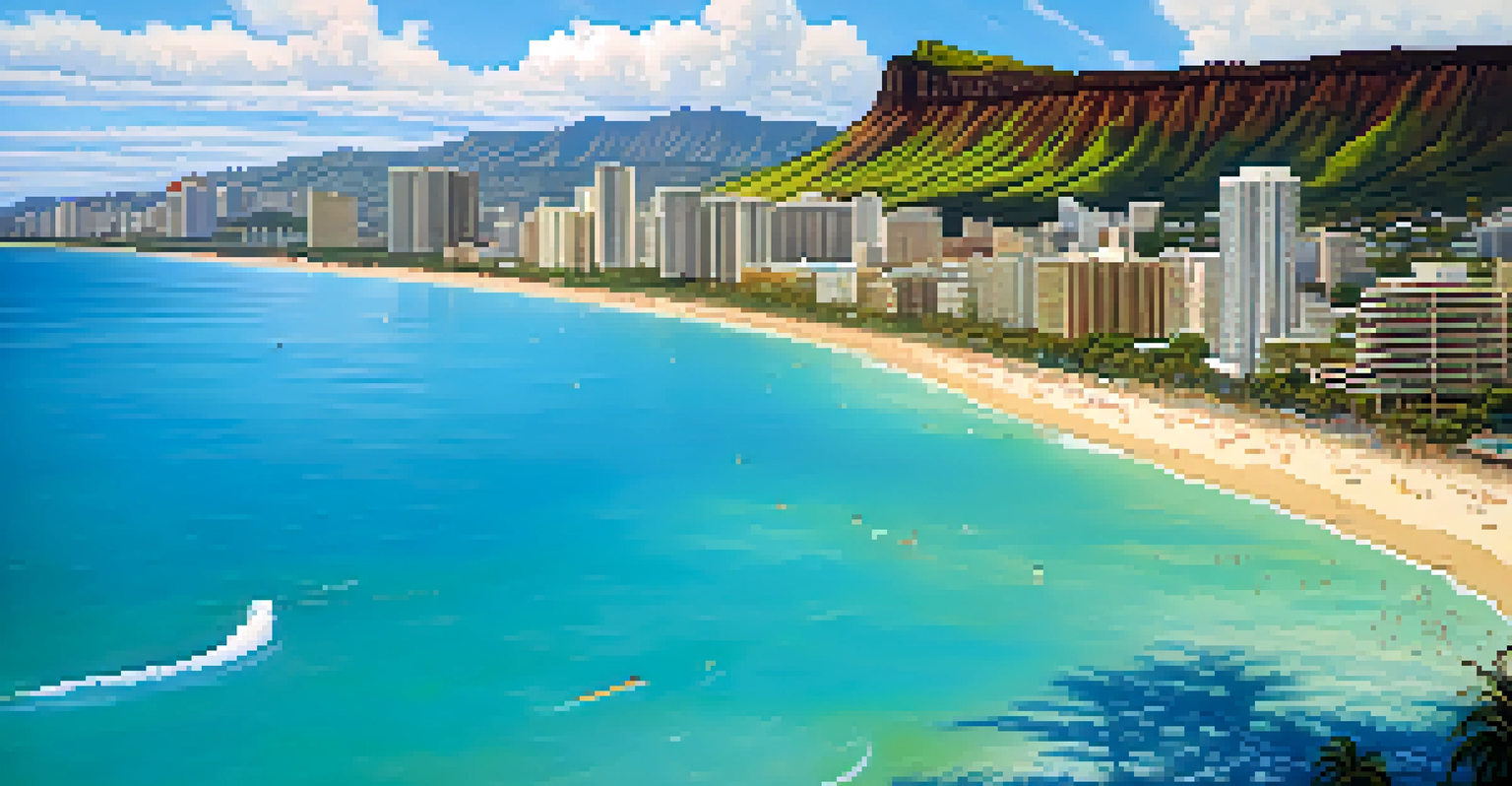 Aerial view of Waikiki Beach with surfers, golden sands, and city skyline in the background.