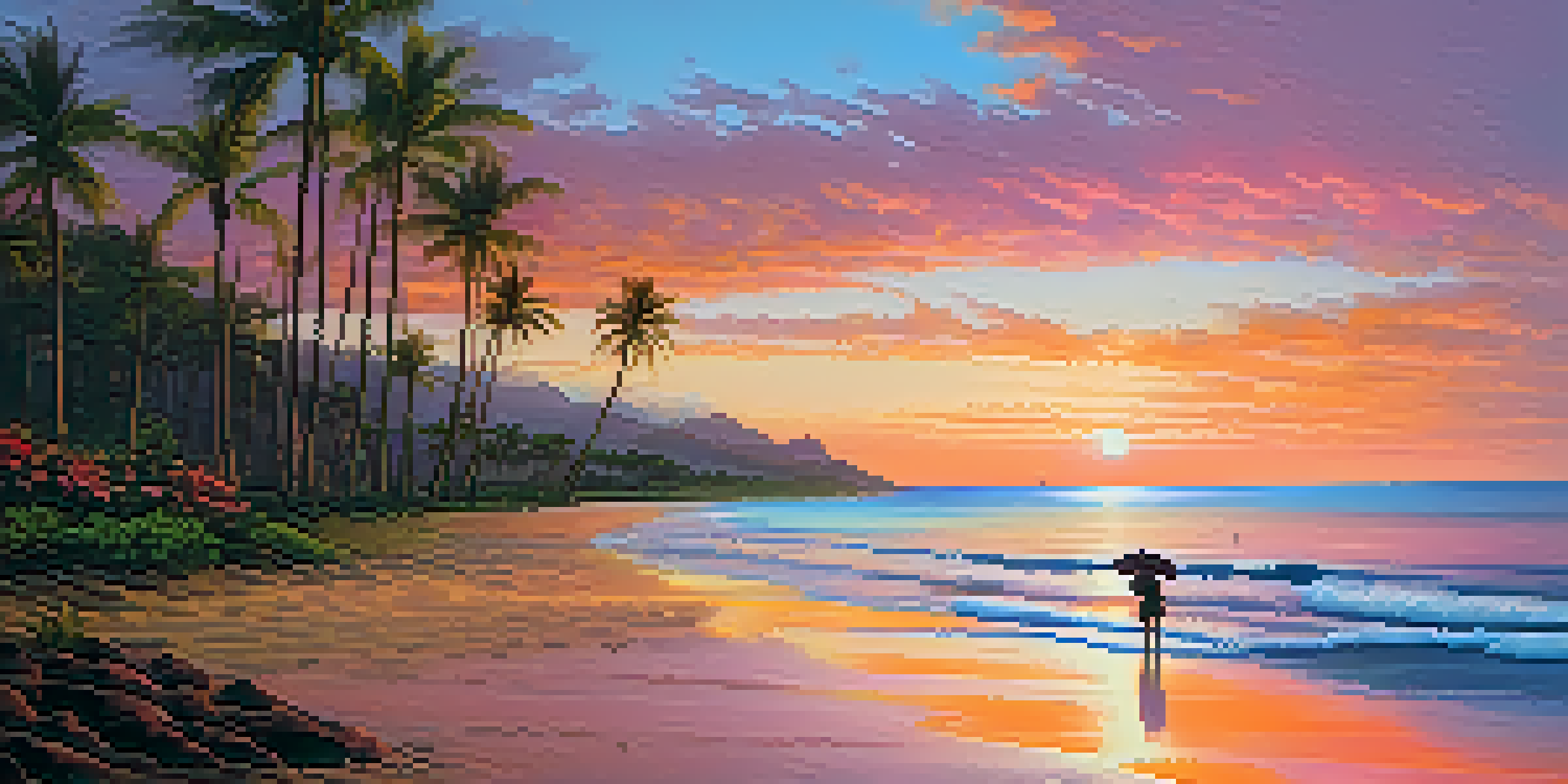 A beautiful Hawaiian beach at sunset with palm trees and people walking along the shore.