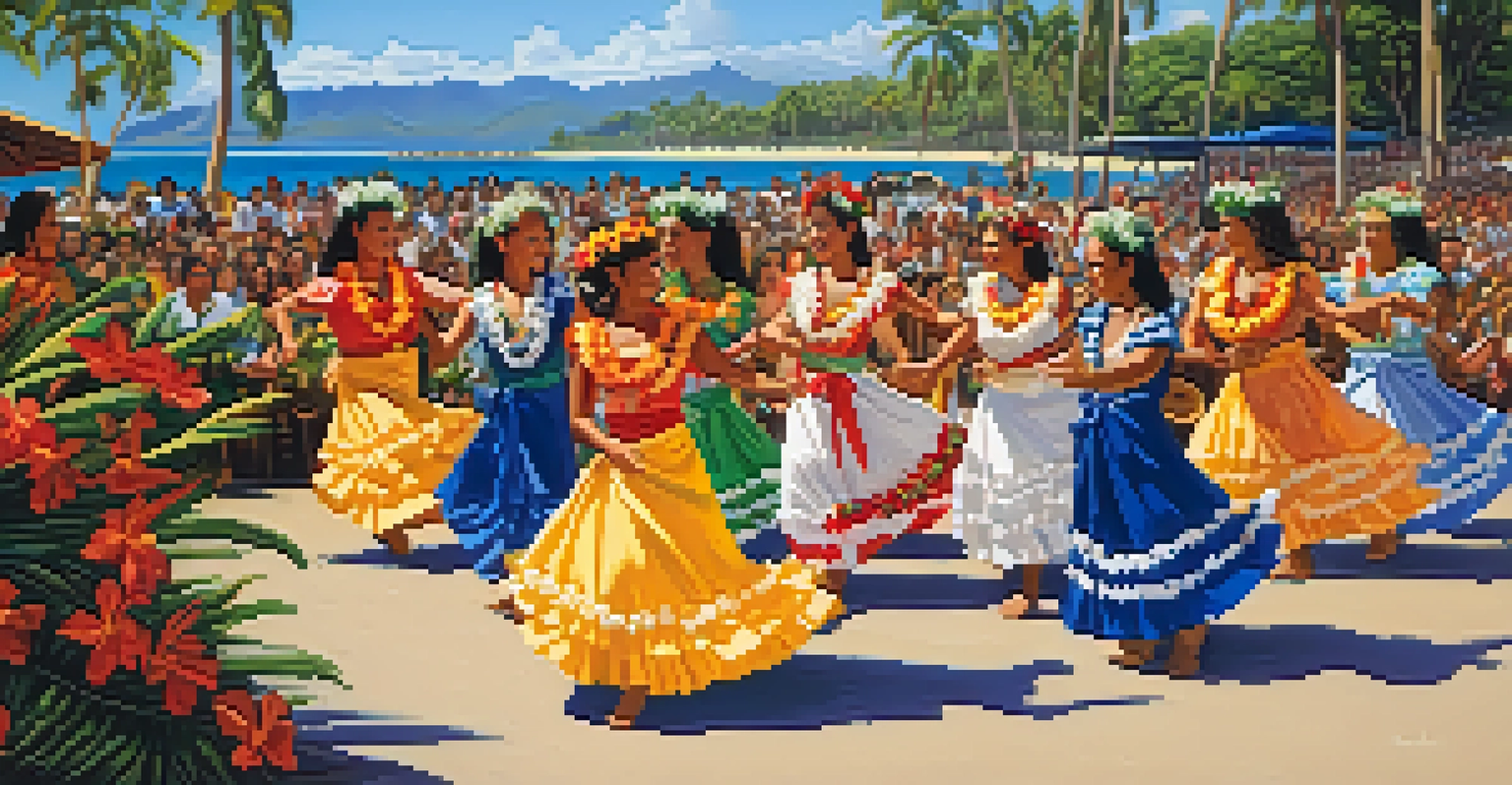 A vibrant outdoor Hawaiian cultural festival with traditional dance and music performances under a blue sky.