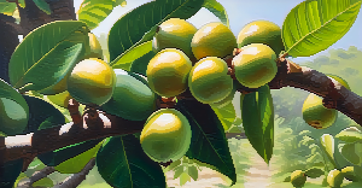 Close-up of ripe macadamia nuts on a tree branch surrounded by green leaves.
