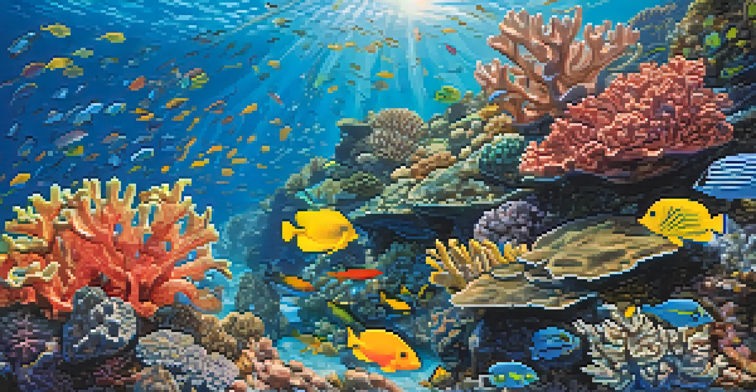 Close-up of a colorful coral reef in Hawaii with fish swimming among the corals, illuminated by sunlight.