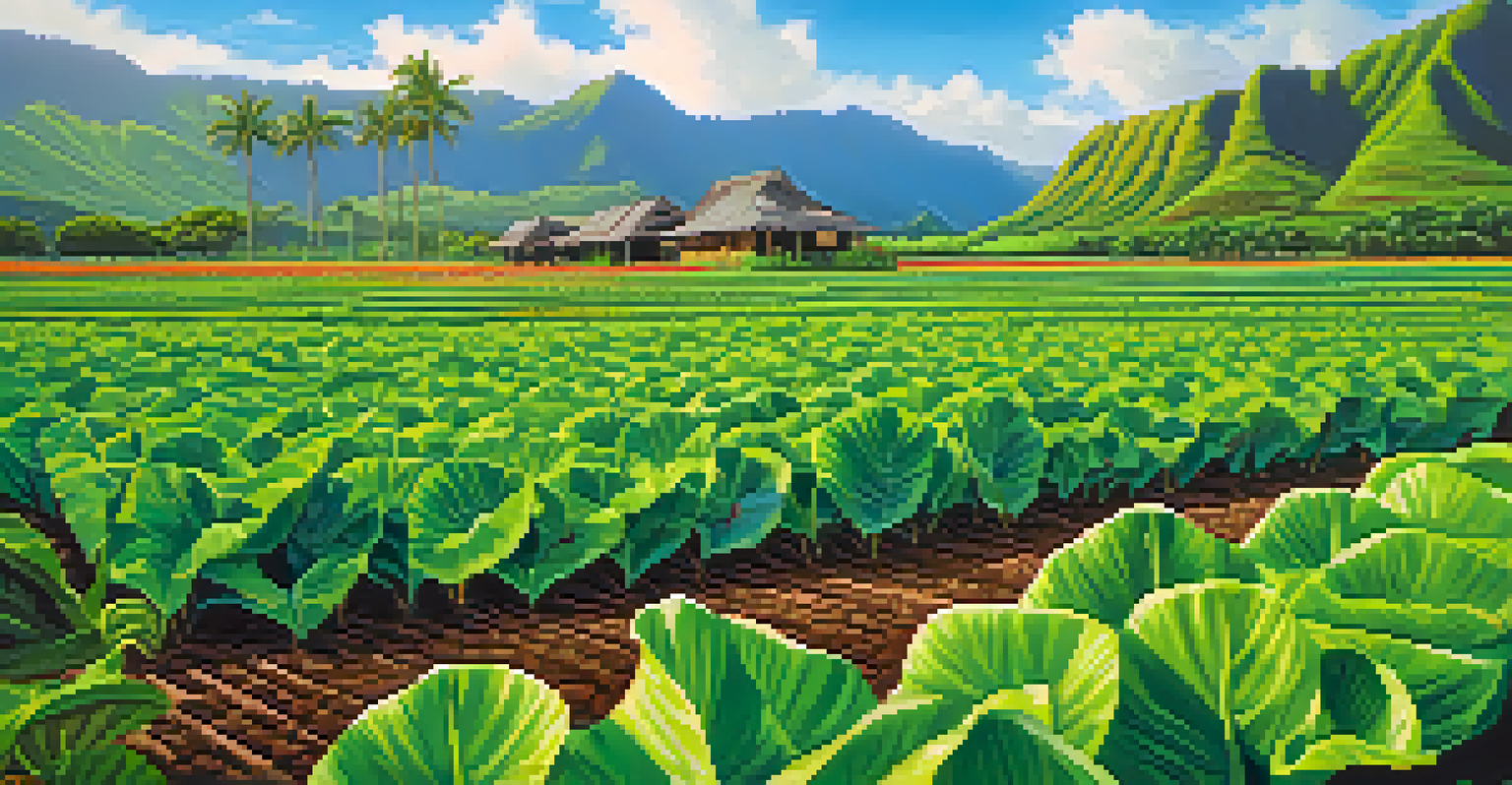 Close-up of a taro field in Hawaii with green leaves and volcanic mountains in the background.