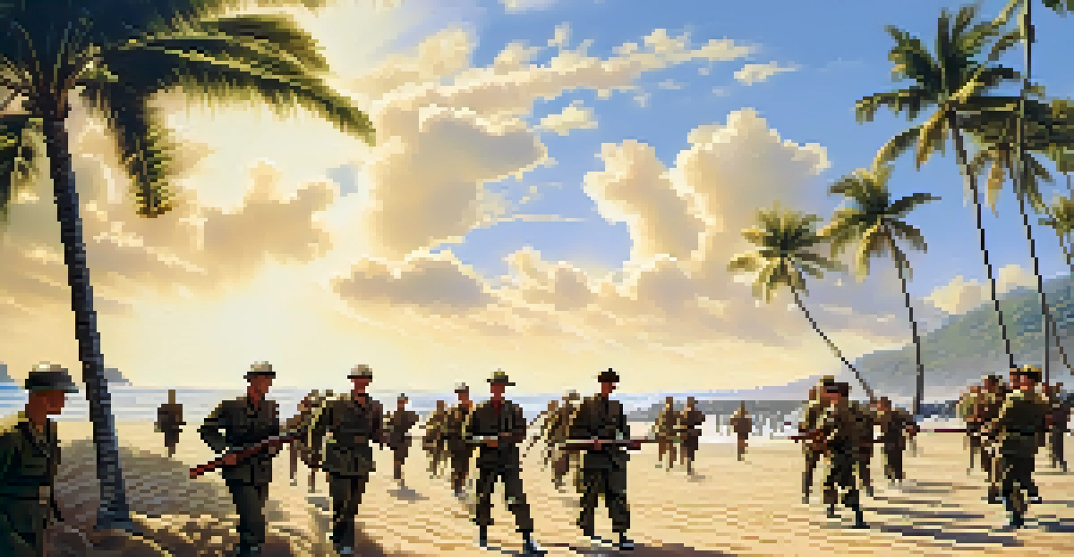 Soldiers in historical uniforms training on a Hawaiian beach during World War II.