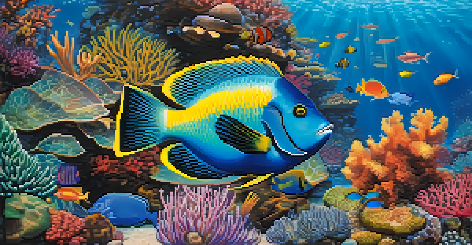 A colorful humuhumunukunukuapua'a fish swimming in a coral reef with sunlight filtering through the water.