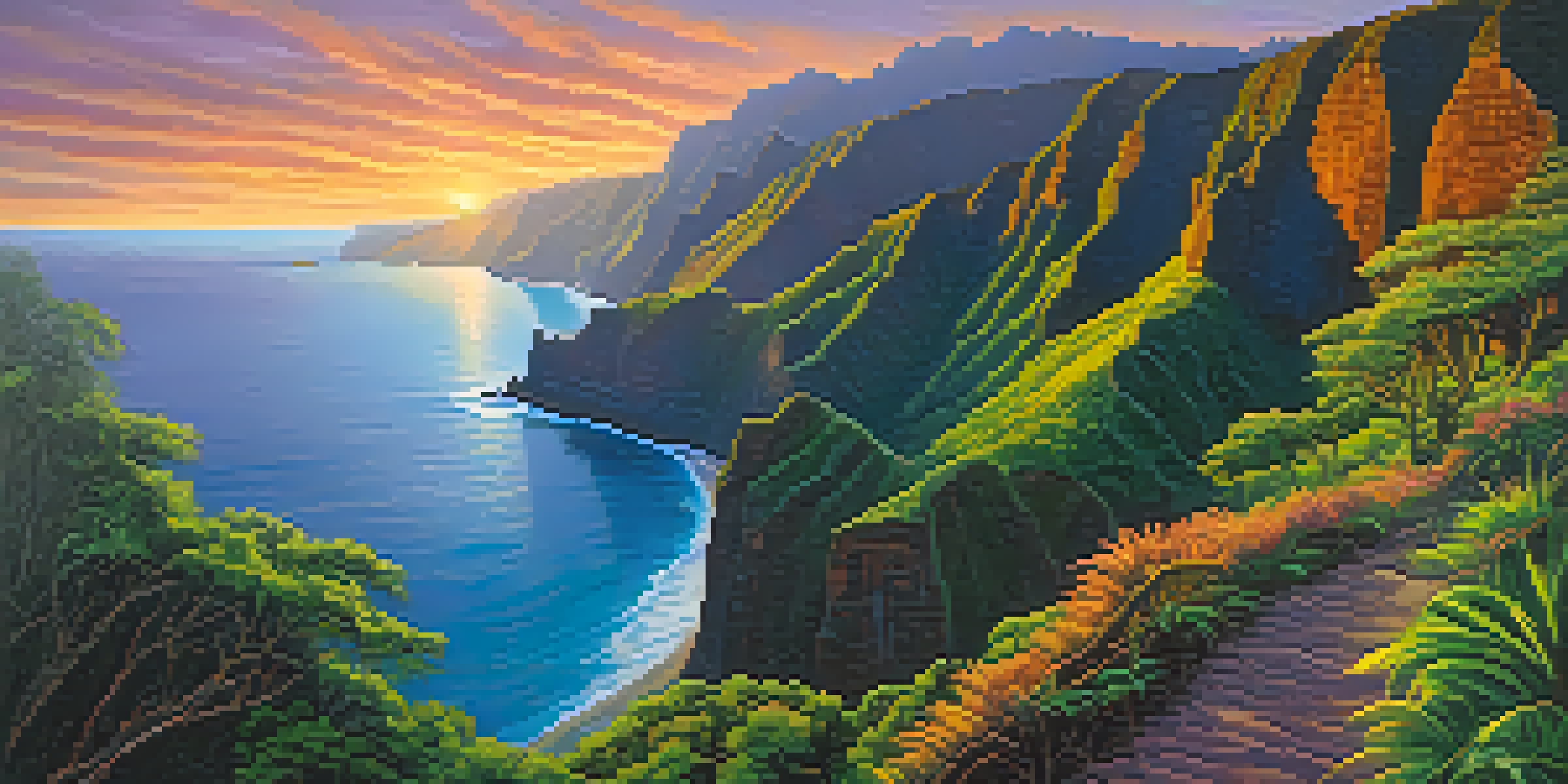 A scenic view of the Na Pali Coast featuring steep cliffs, vibrant greenery, and a colorful sunset sky reflected in the ocean.