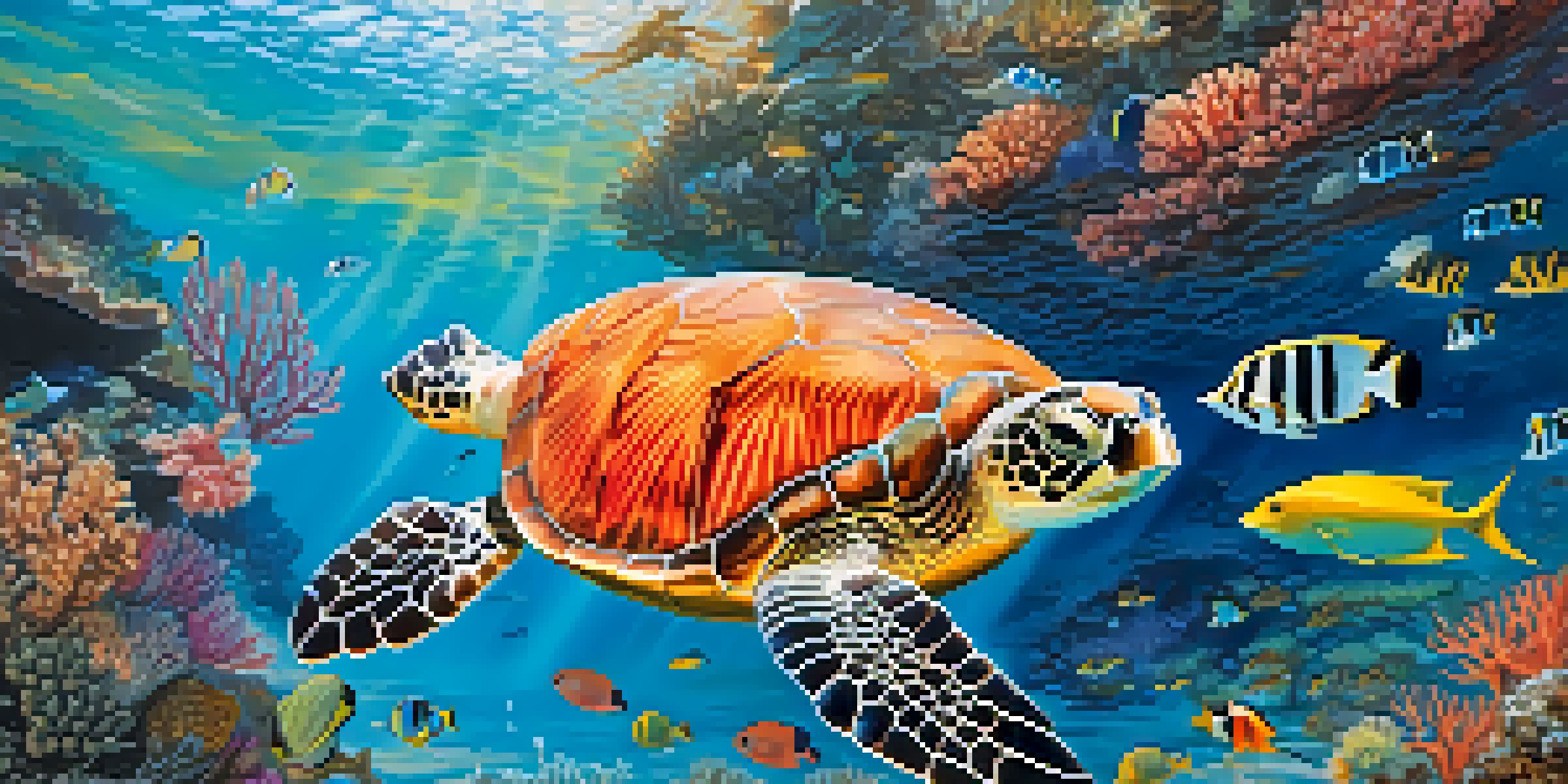 An underwater scene featuring a colorful coral reef with various fish and a sea turtle, illuminated by sunlight.