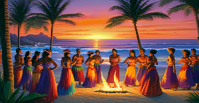 A sunset luau scene in Hawaii with hula dancers in colorful costumes on a beach, surrounded by palm trees and tiki torches, reflecting orange and purple hues in the ocean.