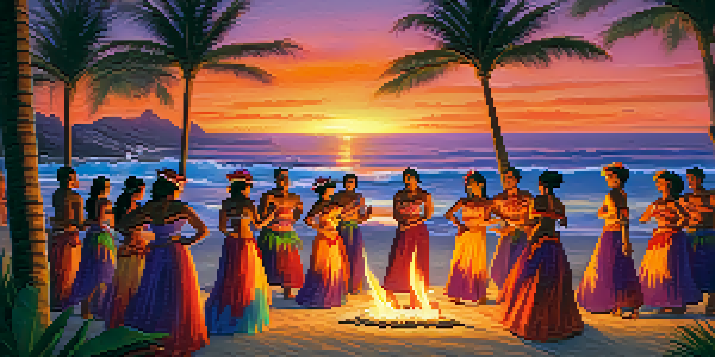 A sunset luau scene in Hawaii with hula dancers in colorful costumes on a beach, surrounded by palm trees and tiki torches, reflecting orange and purple hues in the ocean.