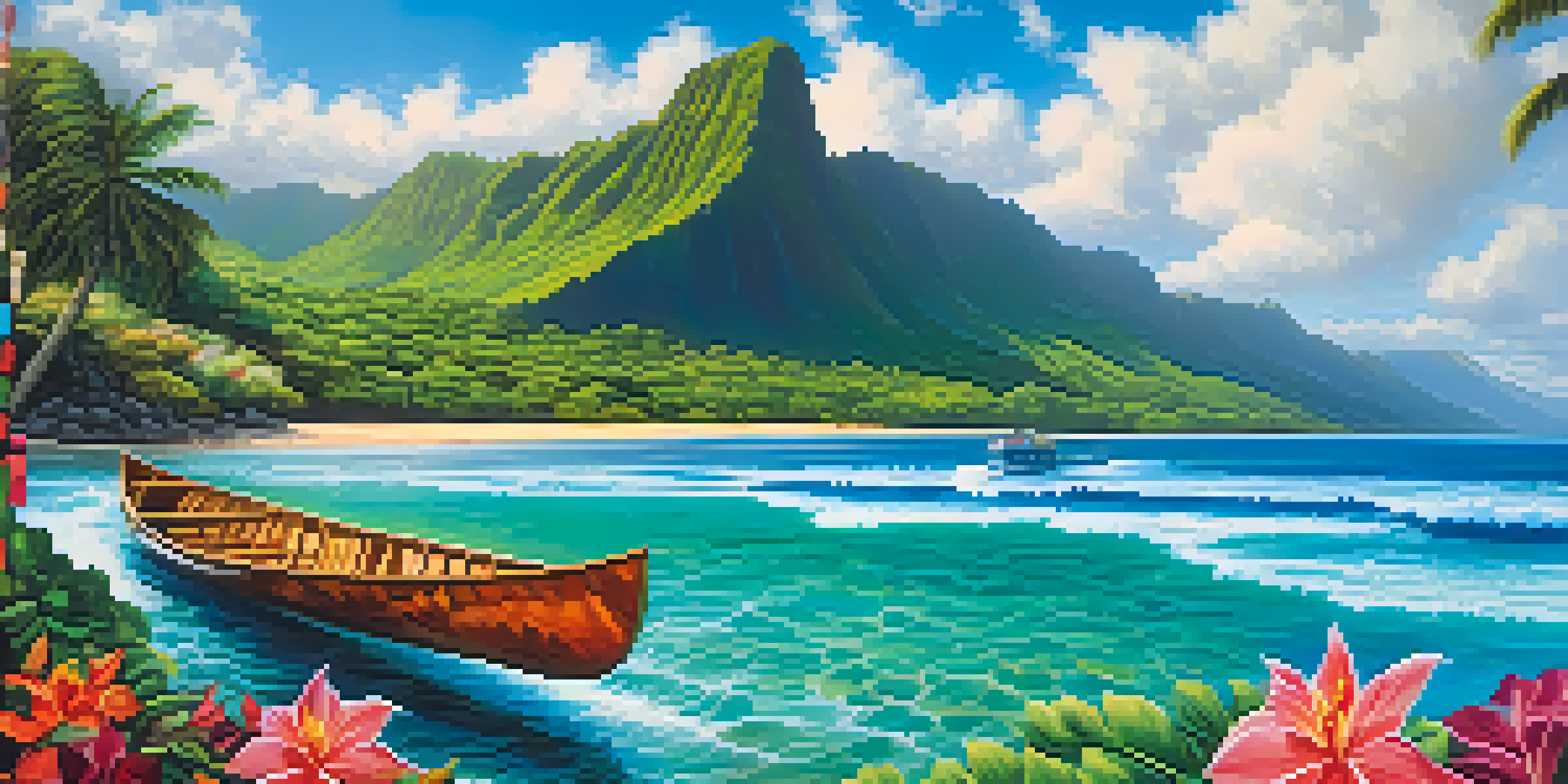 A scenic Hawaiian landscape with green mountains, tropical flowers, and a canoe on a clear ocean under a blue sky.