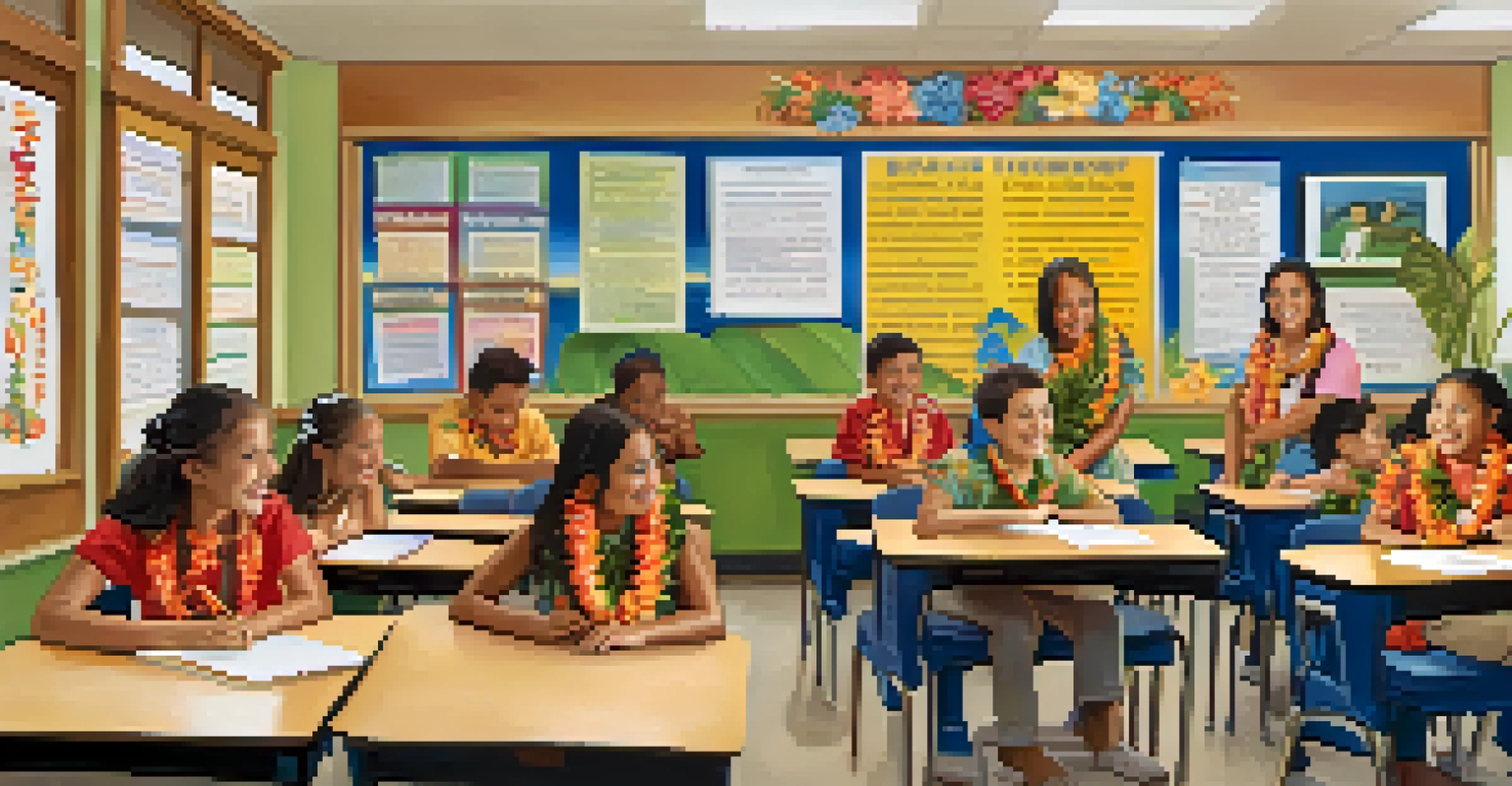 A classroom with students learning Hawaiian language, featuring cultural decorations.