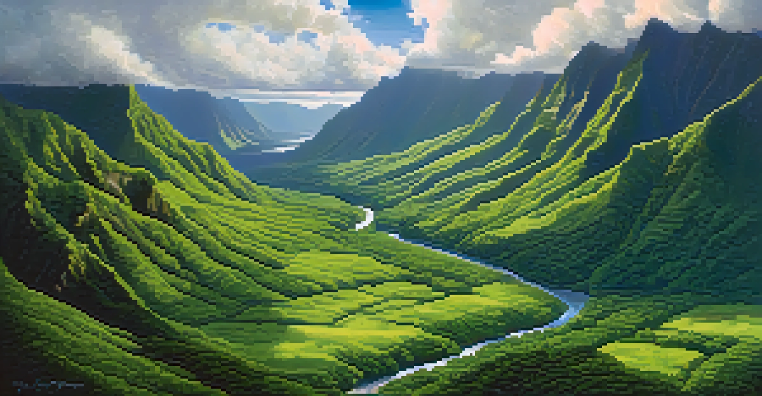 An aerial view of Hawaii's green valleys and mountains with a winding river, showcasing the island's natural beauty and textures.