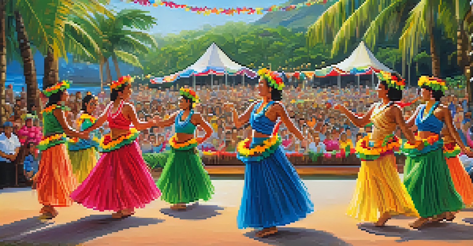 A cultural festival in Hawaii with hula dancers in colorful costumes, palm trees, and spectators enjoying the performance.