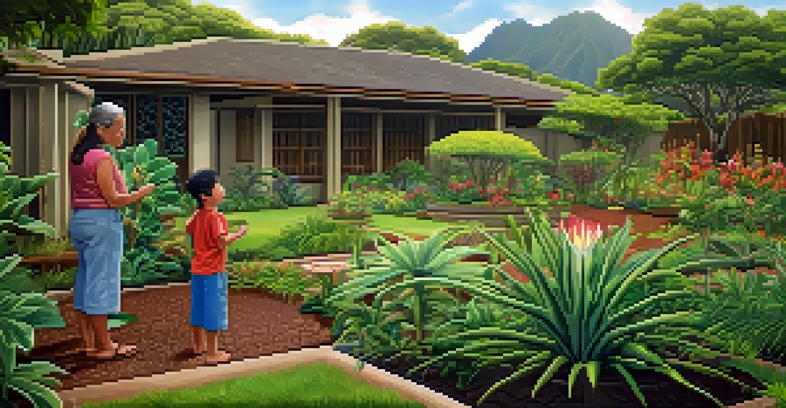 A family in a Hawaiian garden learning about native plants and rainwater harvesting techniques.